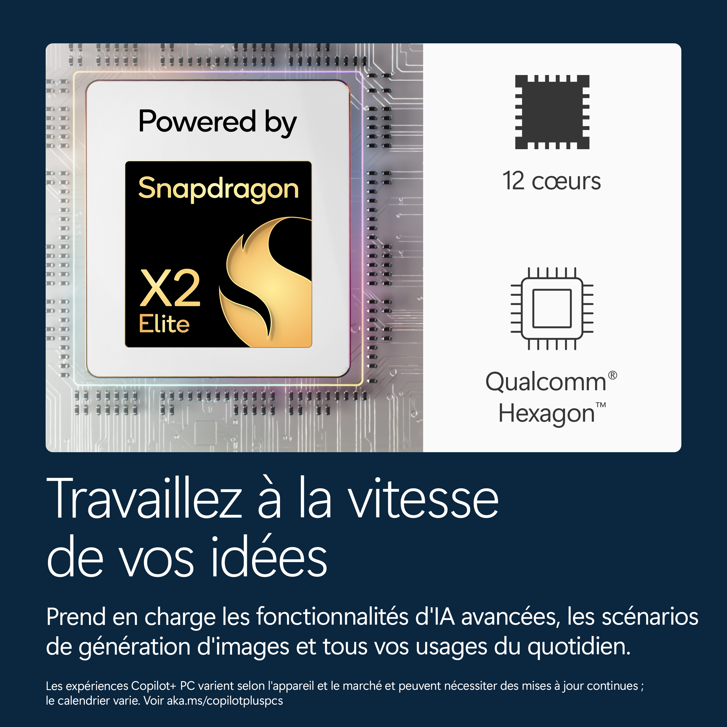 Puce Snapdragon X2 Elite avec 12 cœurs et Qualcomm Hexagon.