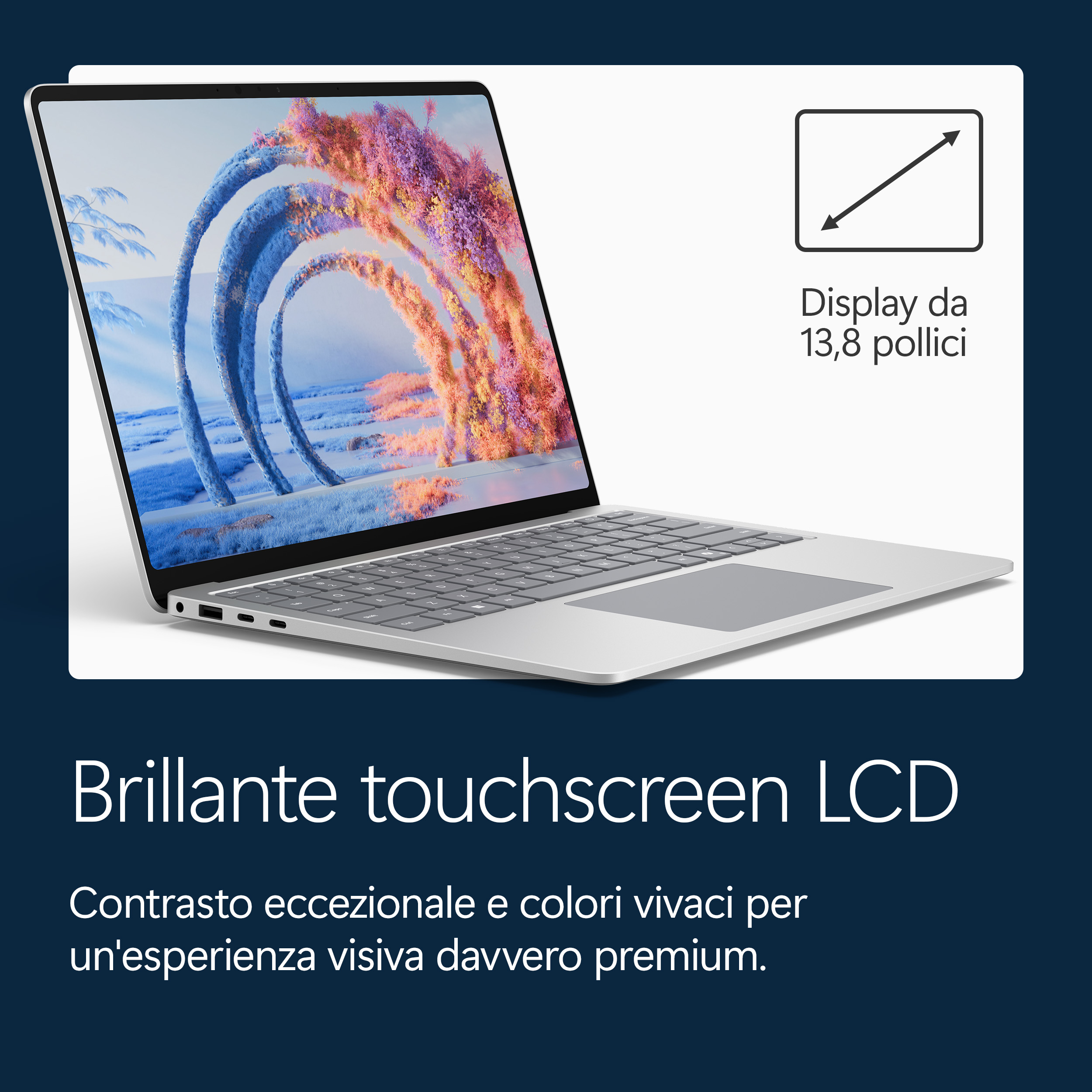 Un laptop argento con sfondo colorato e testo sovrapposto.