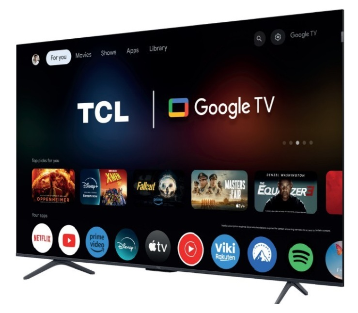 Nowoczesny telewizor TCL Google TV z ciemnym ekranem głównym i plakatami filmów.