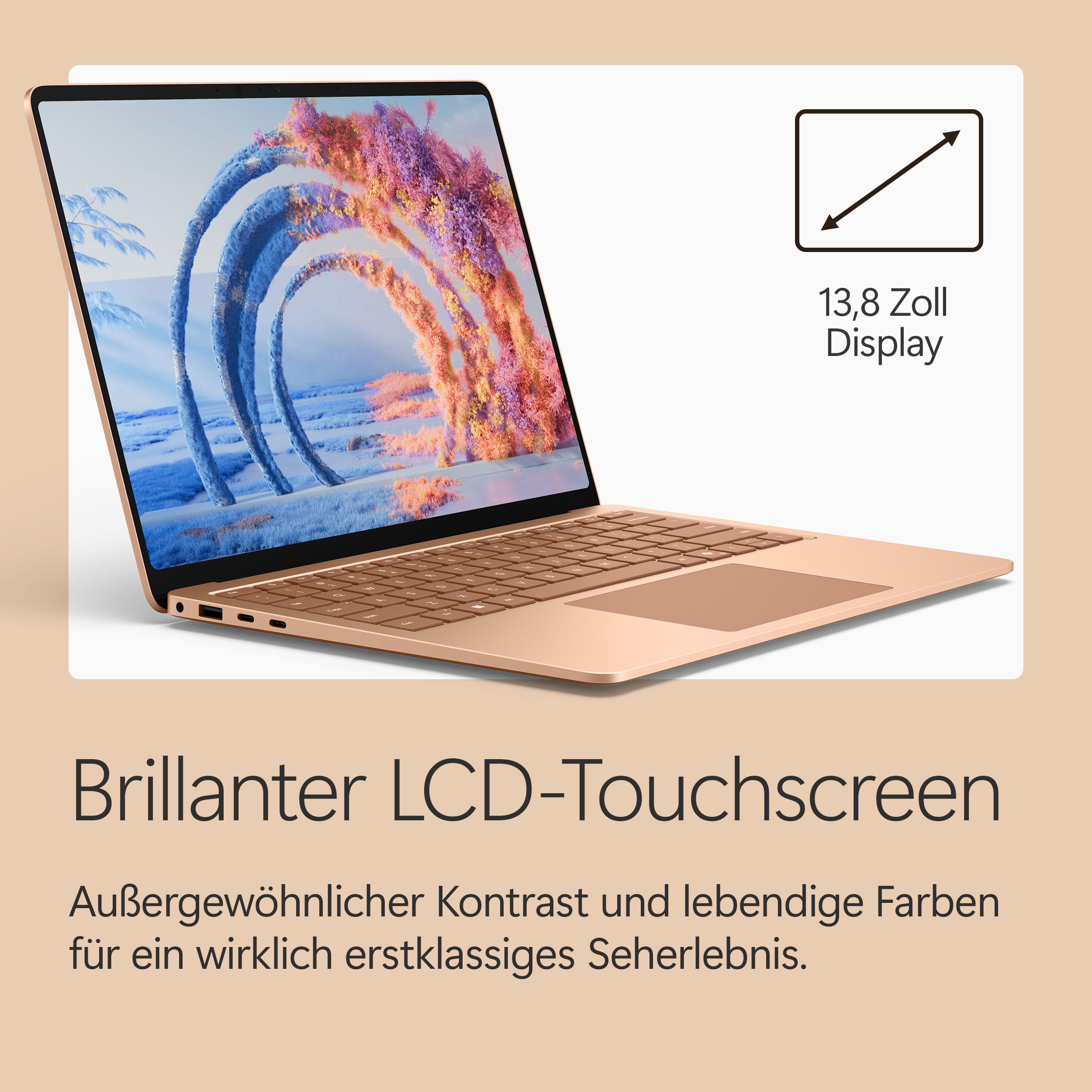 Ein roségoldener Laptop mit einem hellen Display, das eine abstrakte Szene zeigt.