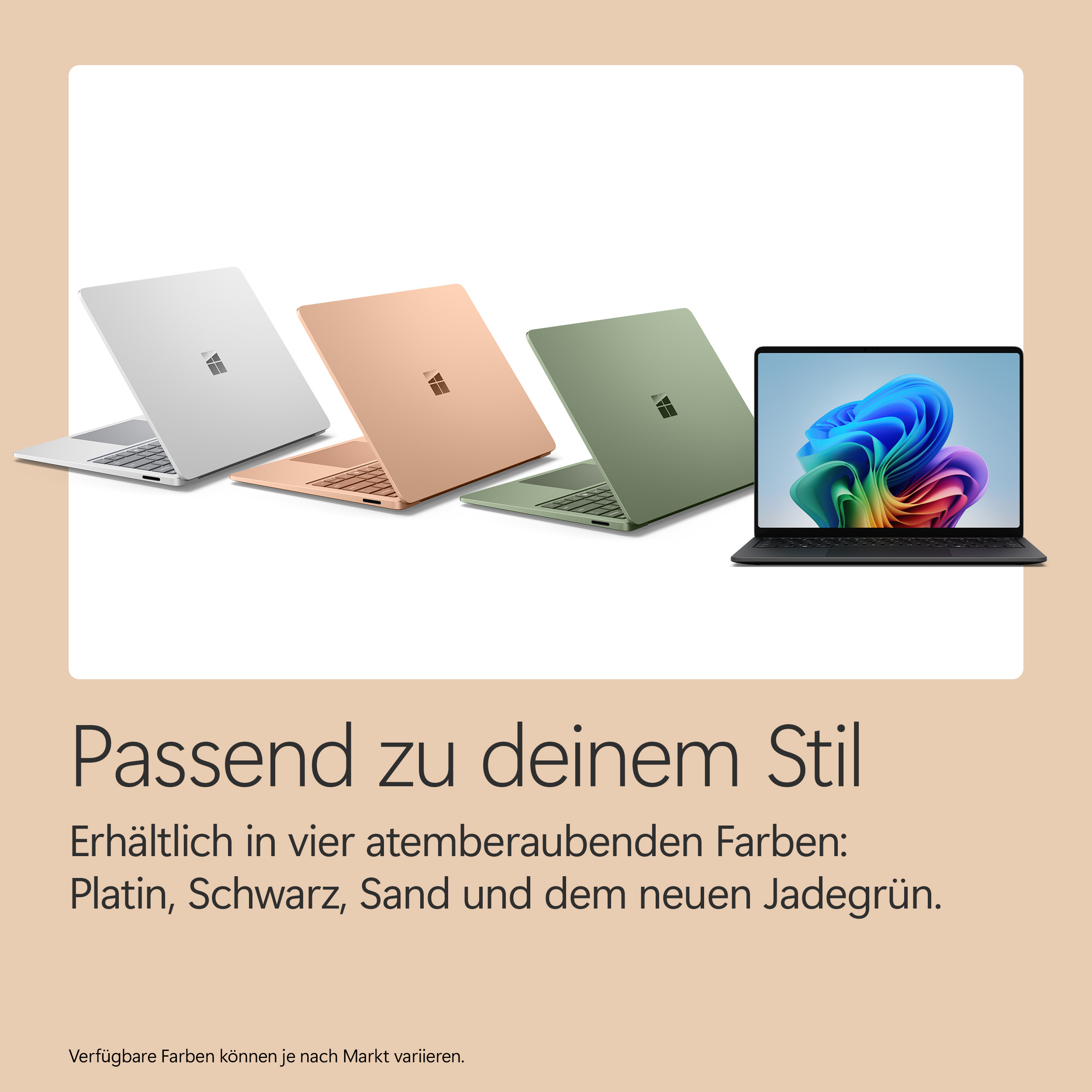 Drei Laptops in Silber, Roségold und Grün; ein vierter in Schwarz zeigt bunte Wallpaper.