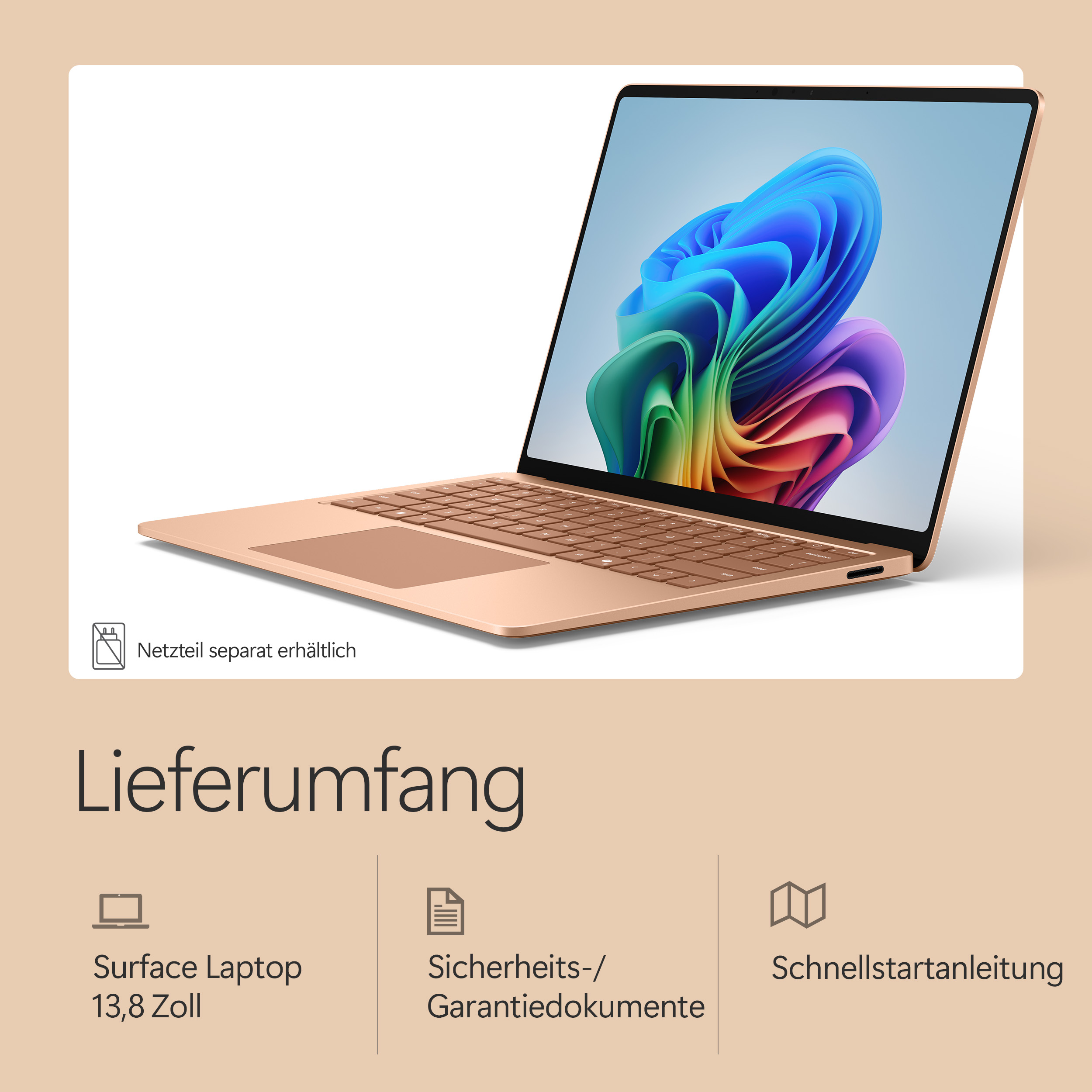 Ein roségoldener Laptop mit buntem Hintergrund auf dem Bildschirm.