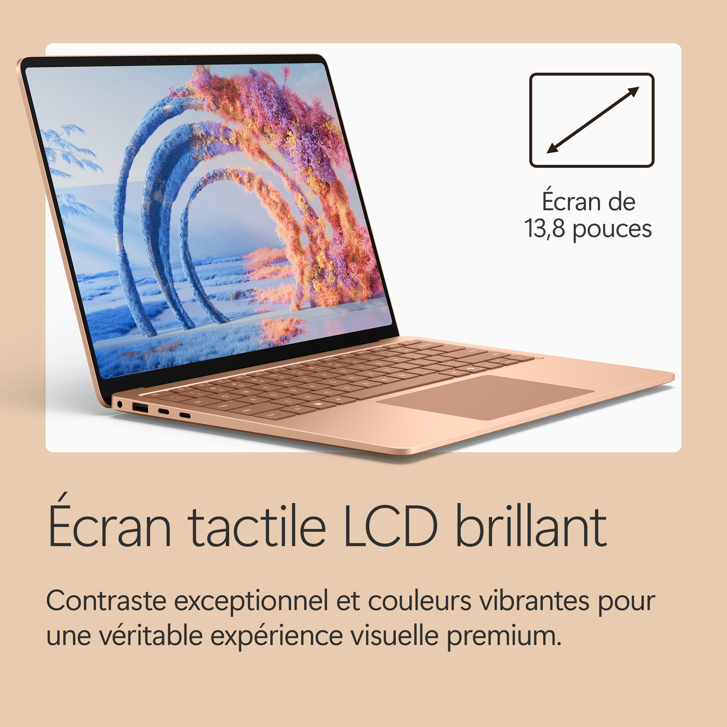 Un ordinateur portable or rose avec écran tactile de 13,8 pouces et graphique abstrait.