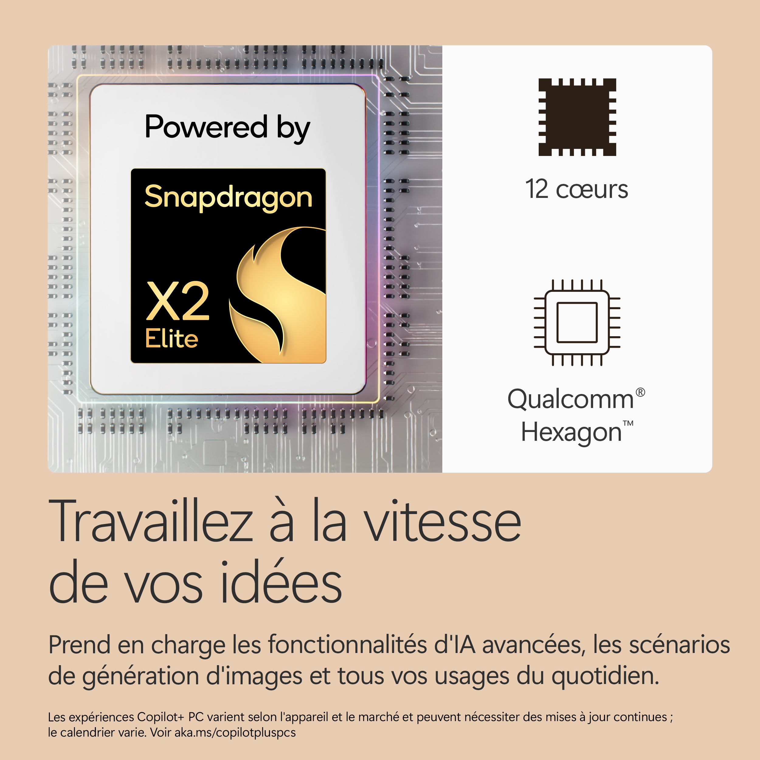 Processeur Snapdragon X2 Elite avec 12 cœurs et Qualcomm Hexagon.