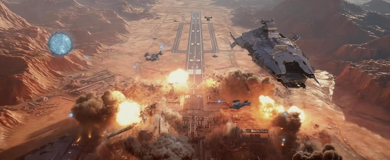 Raumschiff überfliegt eine zerklüftete Marslandschaft mit Start-/Landebahn und Explosionen.