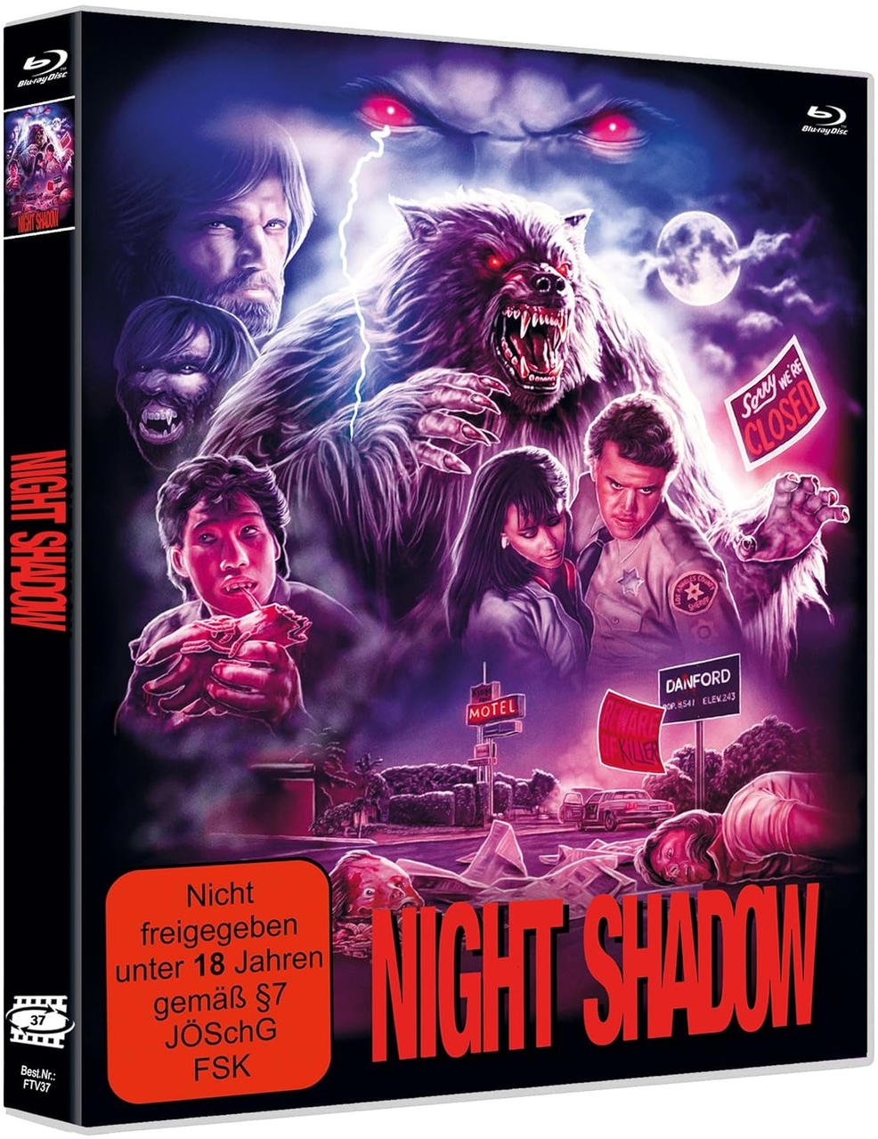 Horrorfilm-Cover: Werwolf, gruselige Gesichter, Motel, Mond, Blitze.