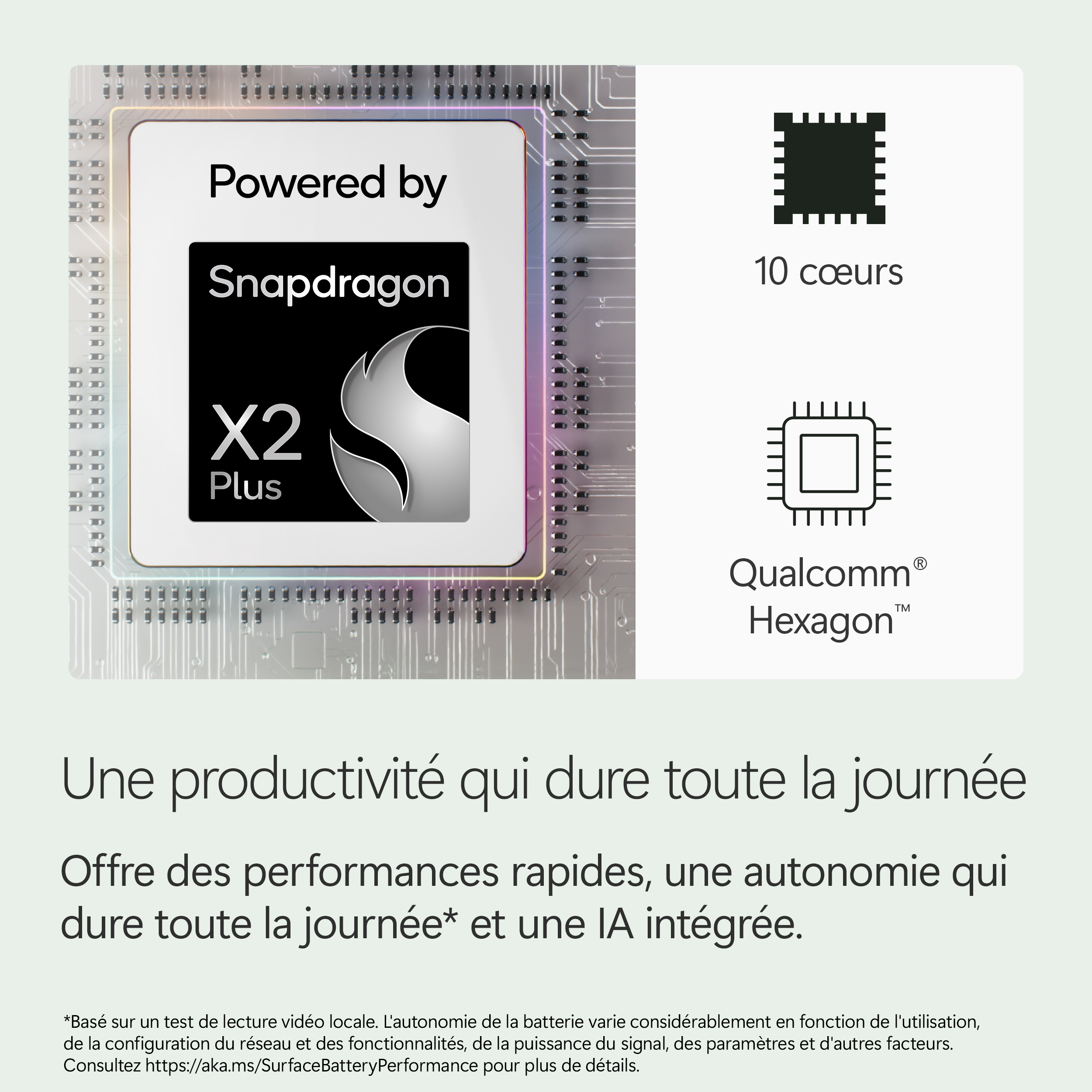 Puce Snapdragon X2 Plus, 10 cœurs, processeur IA Qualcomm Hexagon.