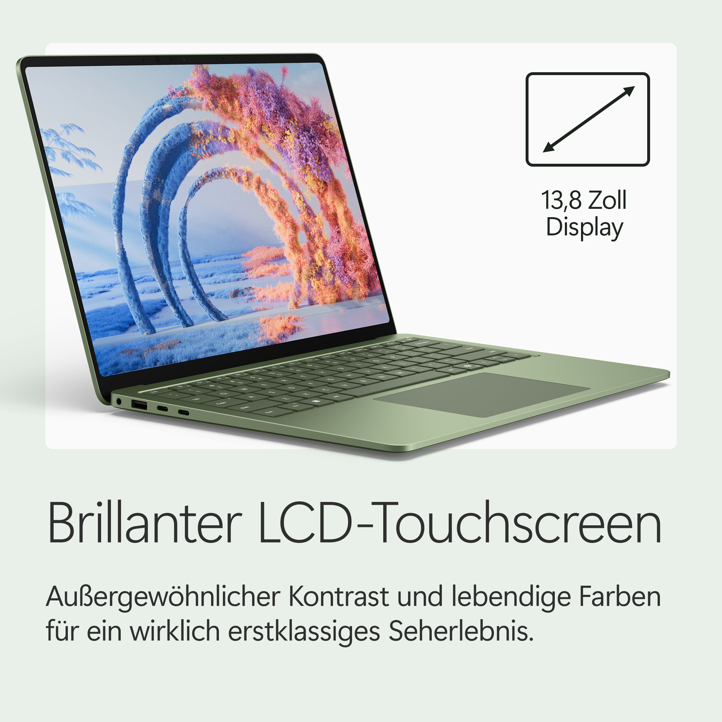 Grüner Laptop mit 13,8-Zoll-Touchscreen, zeigt eine Fantasielandschaft.
