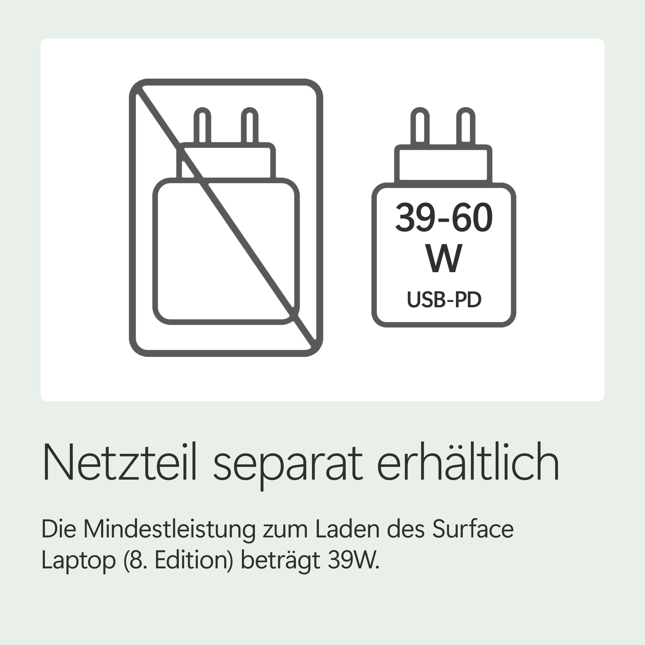 Symbol für Netzteil: Ein durchgestrichenes Netzteil und ein 39-60W USB-PD Netzteil.