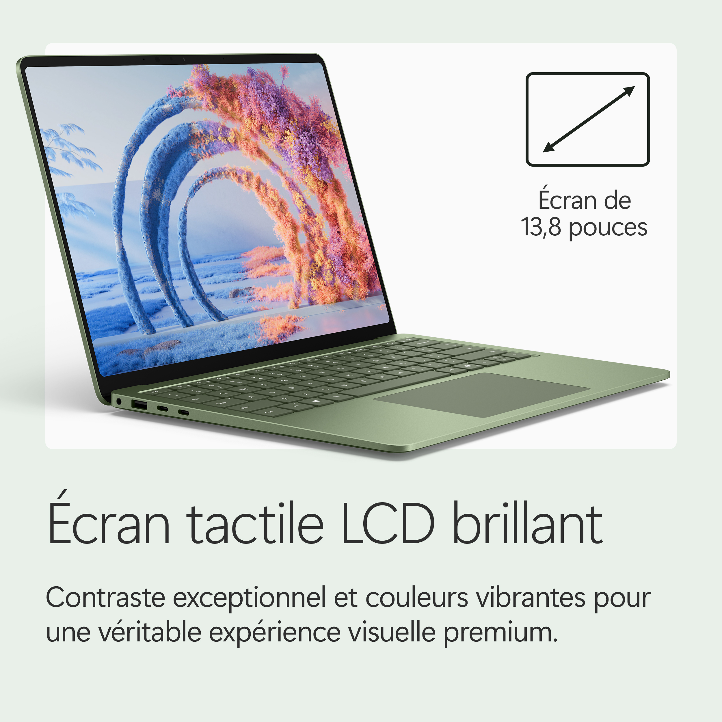 Ordinateur portable vert avec écran tactile de 13,8 pouces, affichant un fond d'écran.
