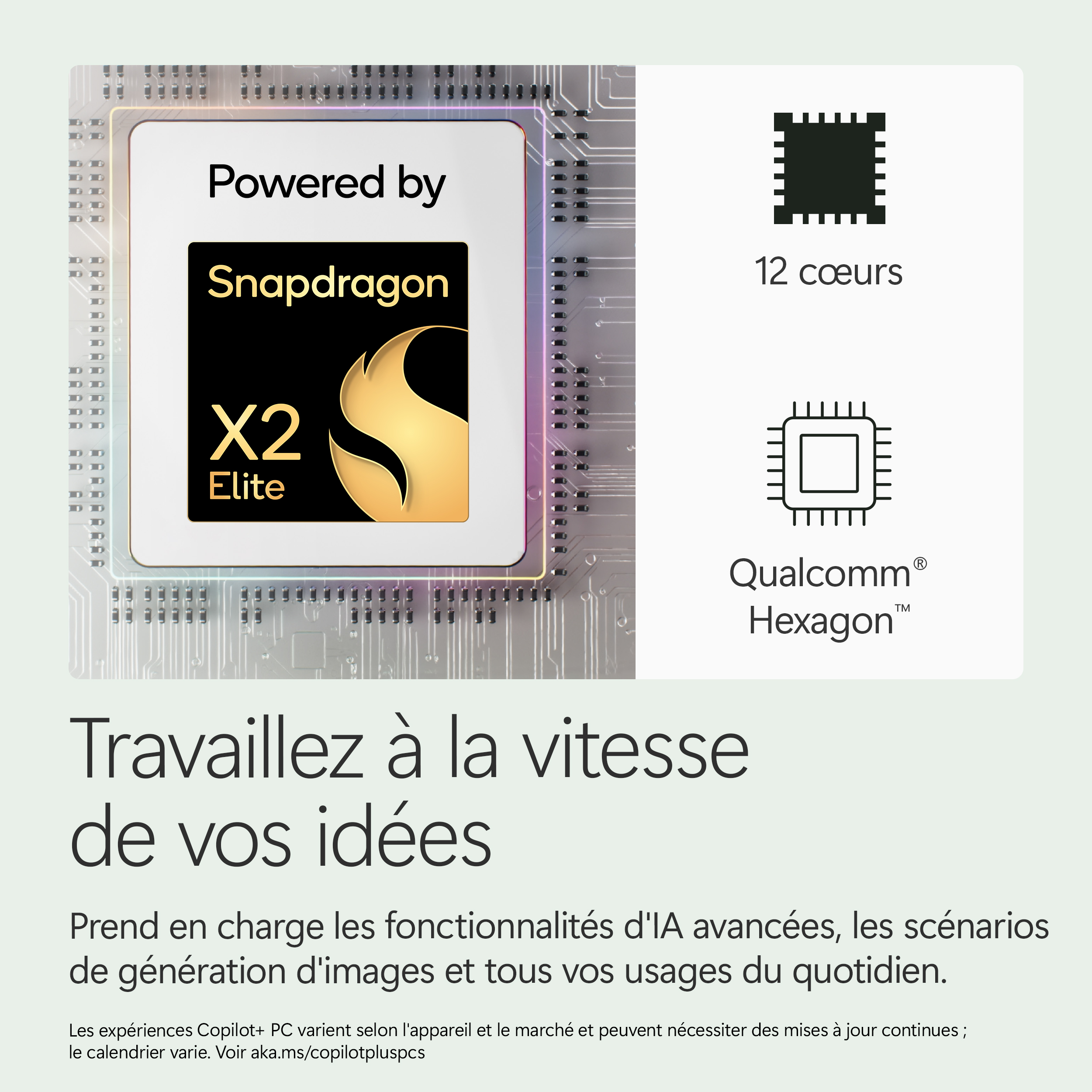 Processeur Snapdragon X2 Elite, 12 cœurs, Qualcomm Hexagon.