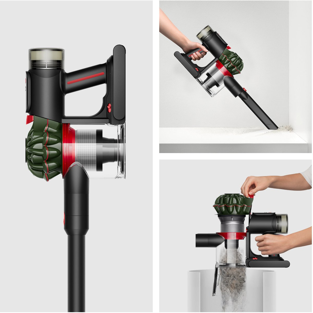 Czarno-czerwony odkurzacz bezprzewodowy z zielonym cyklonem, odkurzający i opróżniający kurz.