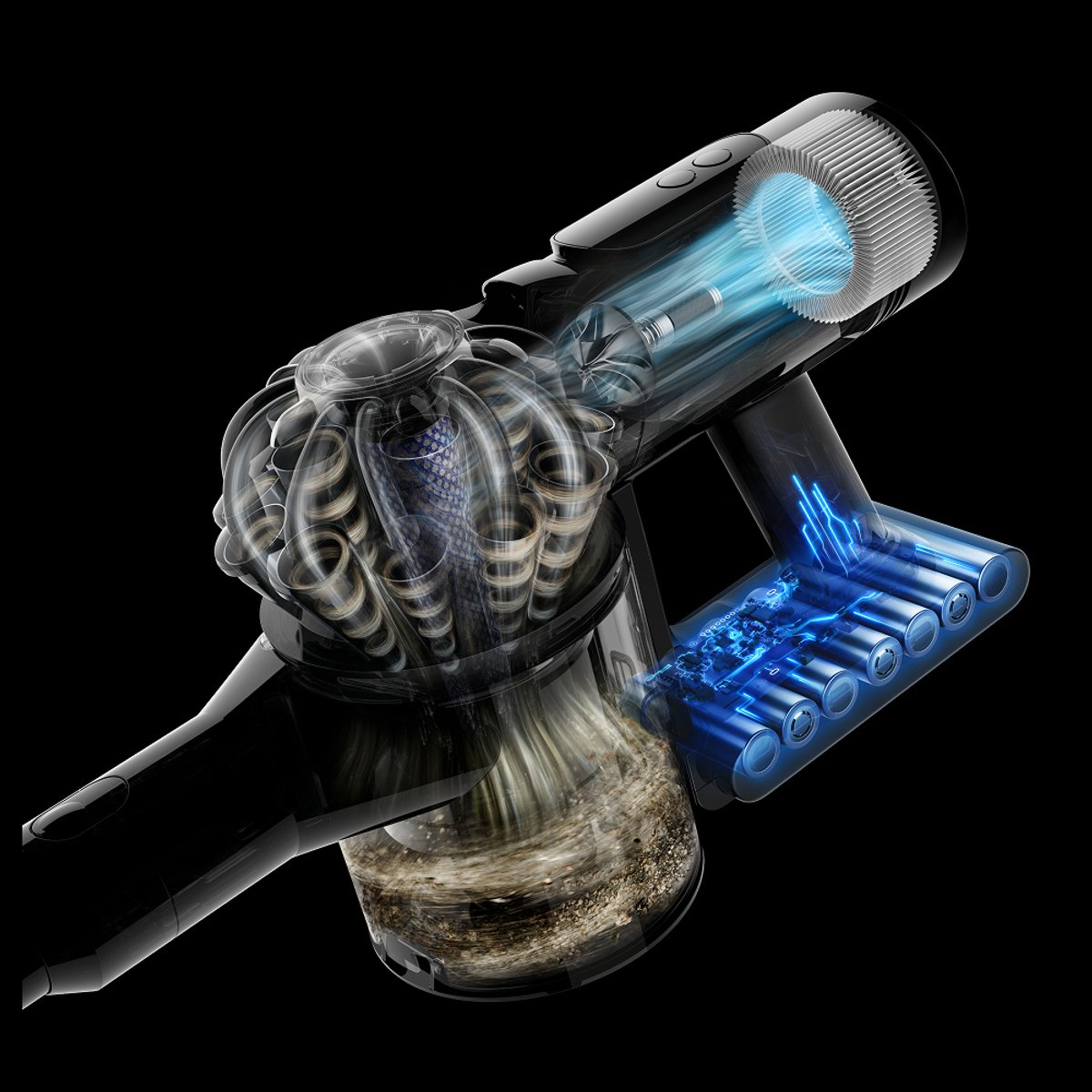 Odkurzacz Dyson w przekroju pokazujący technologię cyklonową i zbieranie kurzu.