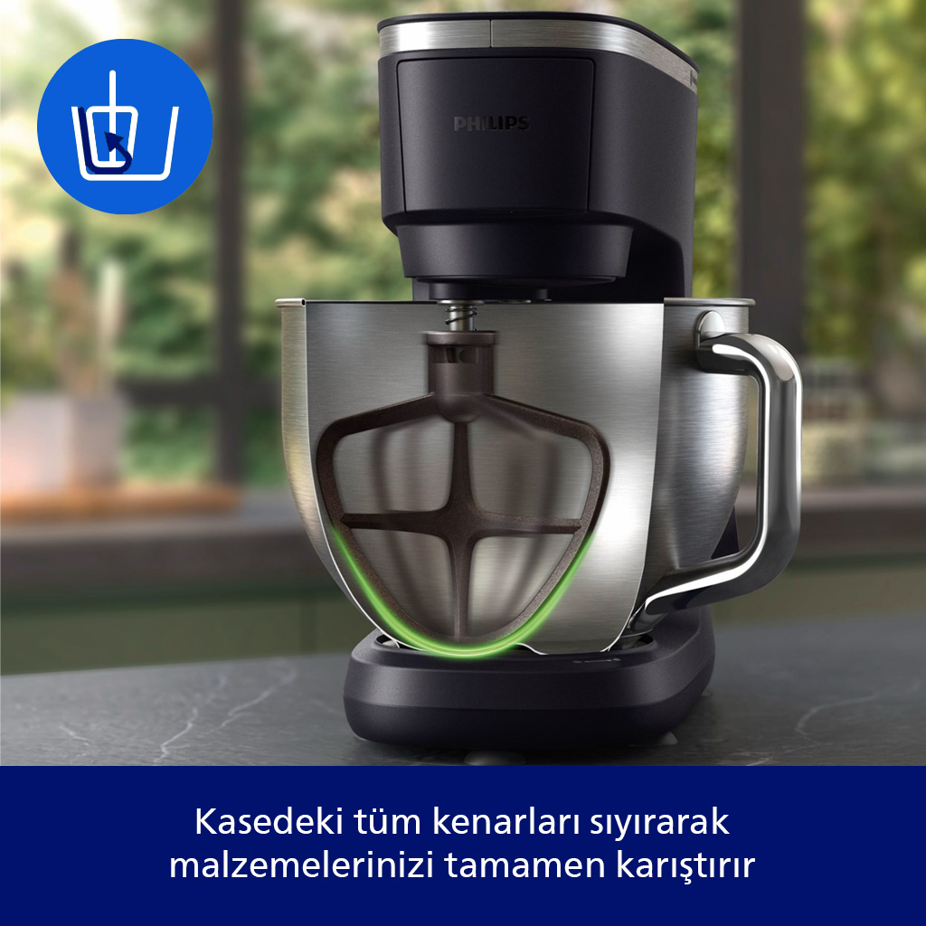 Philips mutfak mikseri, paslanmaz çelik hazne ve çırpıcı aparatlı.