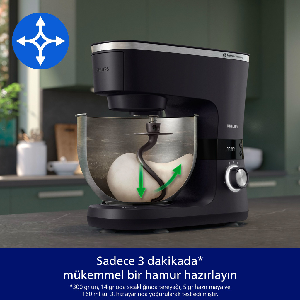 Paslanmaz çelik kapta hamur yoğuran, hamur kancalı siyah stand mikseri.