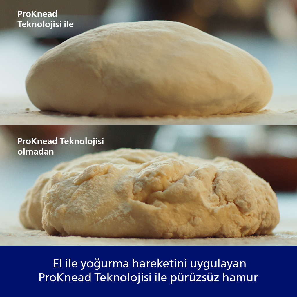 Üst: ProKnead ile pürüzsüz hamur. Alt: ProKnead olmadan pürüzlü hamur.