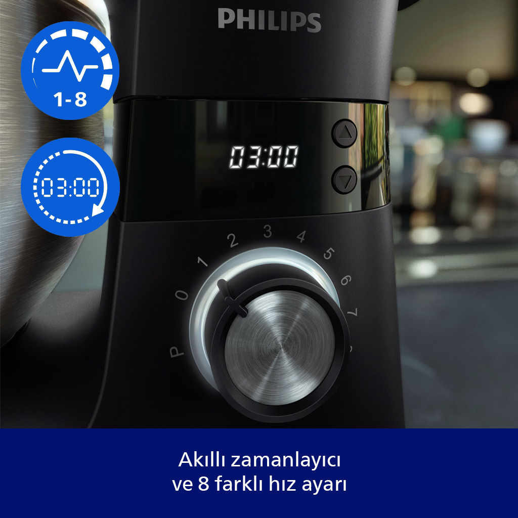 Philips mikser, 8 hız ayarı ve 3:00 zamanlayıcı göstergesi.