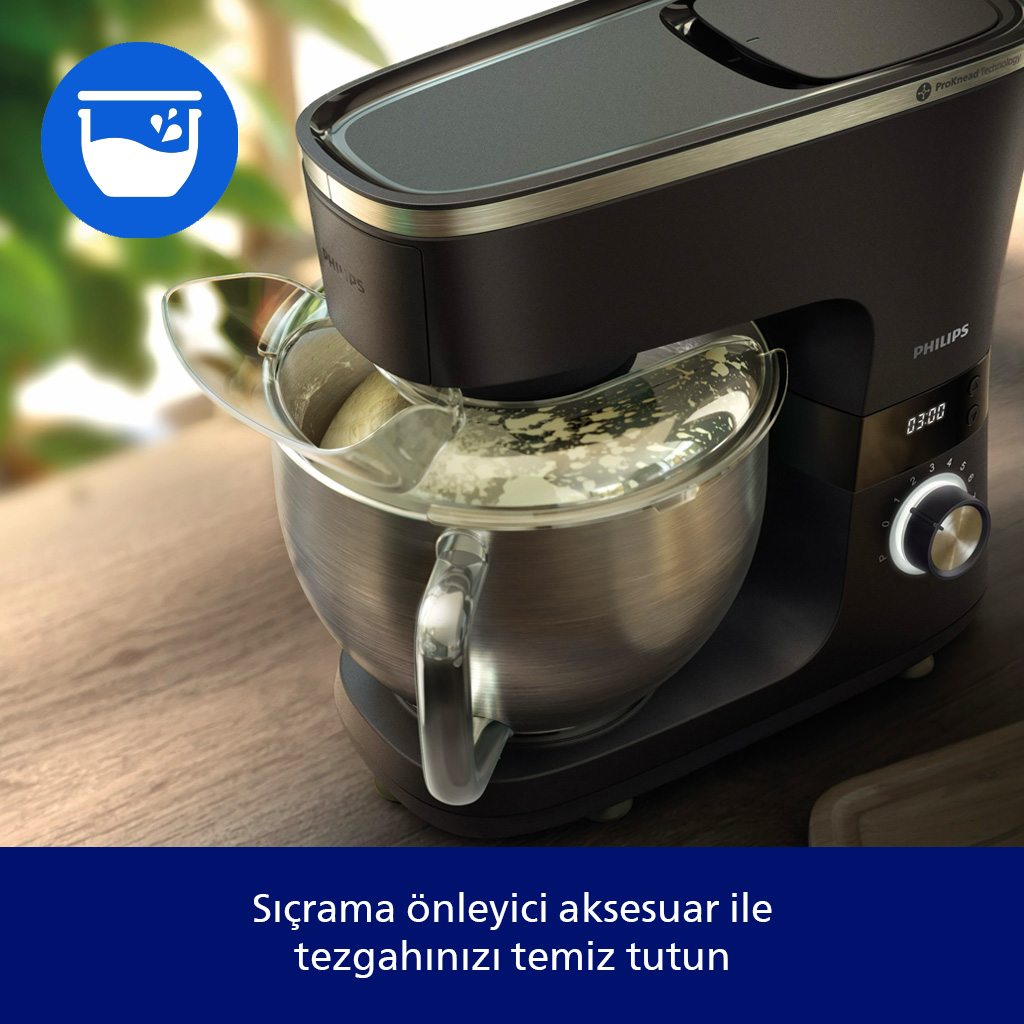 Hamur yoguran, siçrama önleyici aksesuara sahip stand mikseri.