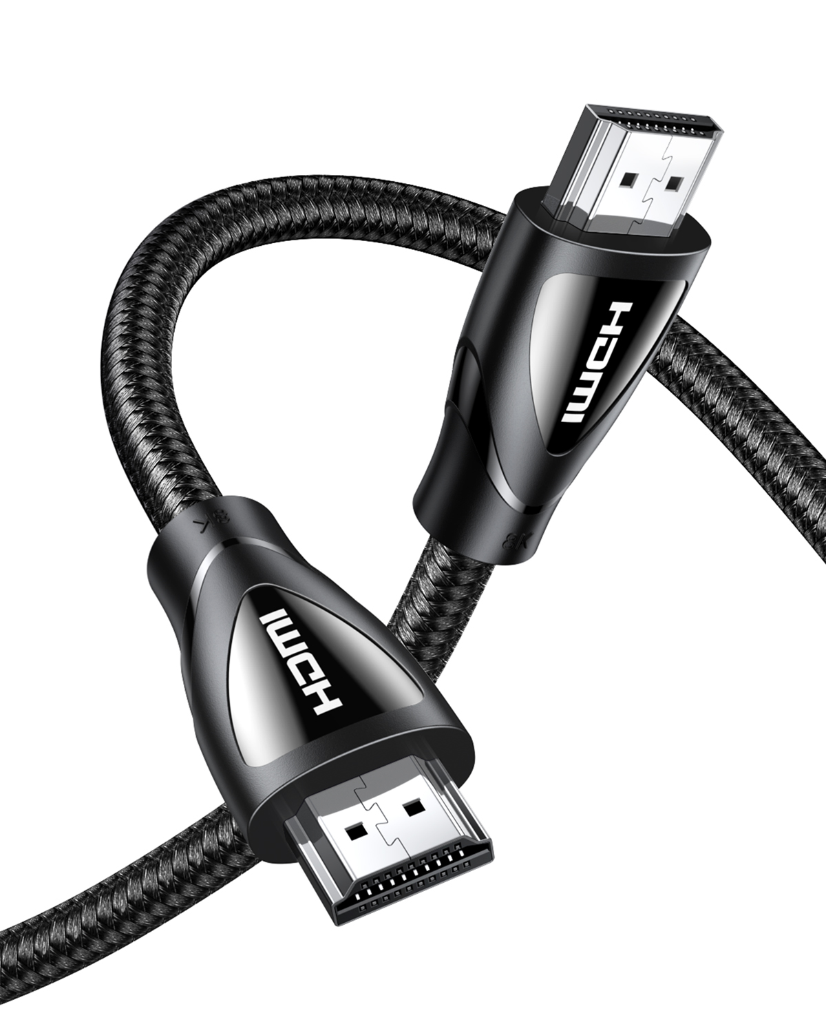 İki konektörlü ve örgülü kablolu siyah HDMI kablosu.