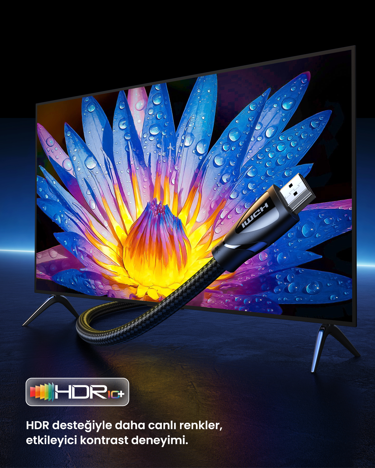 Canlı bir çiçek ve su damlaları gösteren TV. HDMI kablosu bağlanıyor.