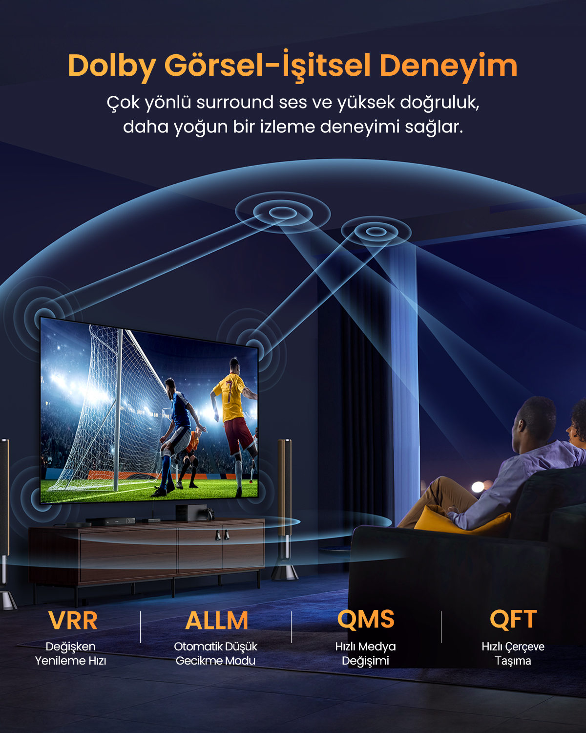 TV'de futbol. Koltukta oturan insanlar. Ses dalgaları yayılır.