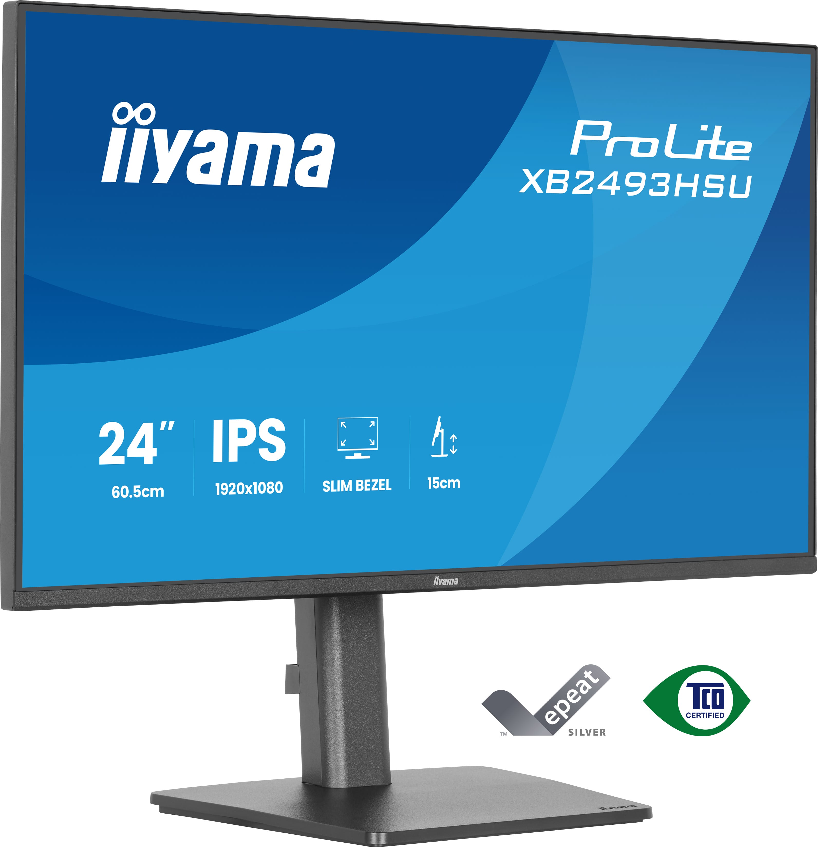 Ein 24-Zoll-IPS-Monitor von iiyama ProLite mit schlankem Rahmen, silbernem epeat-Siegel und TCO-Zertifizierung.