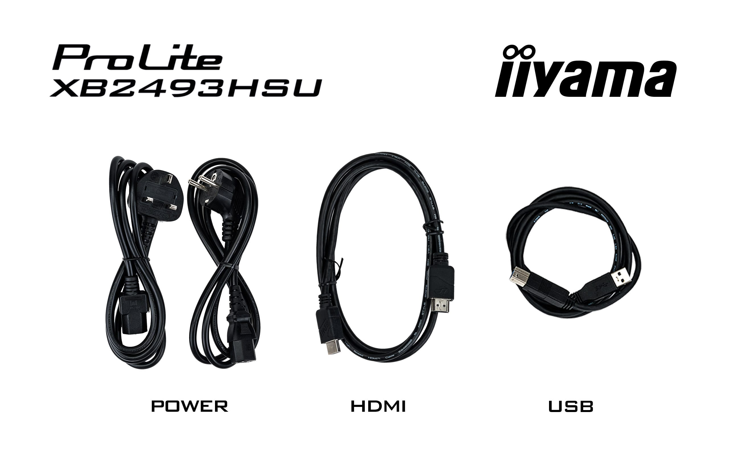 Drei schwarze Kabel: Strom, HDMI, USB. ProLite XB2493HSU und iiyama Logos.