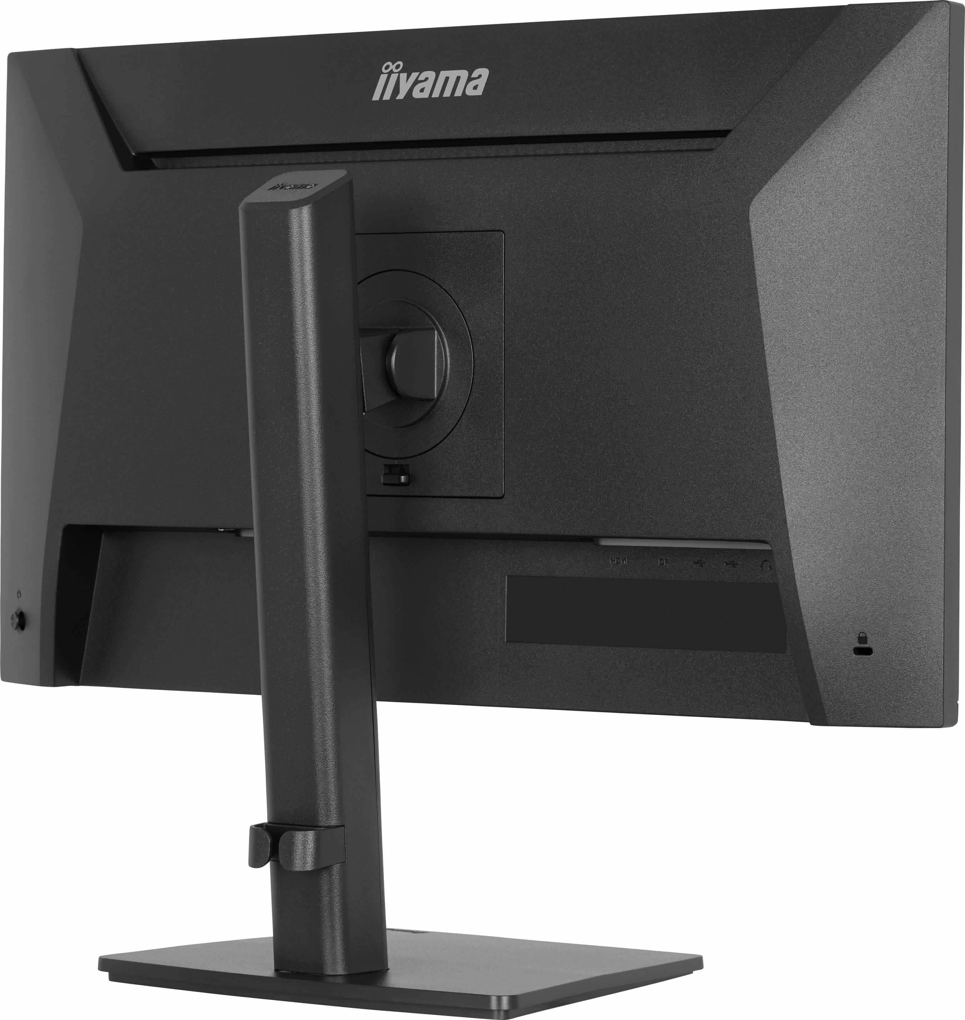 Rückseite eines schwarzen iiyama Monitors mit Standfuß und Anschlüssen.