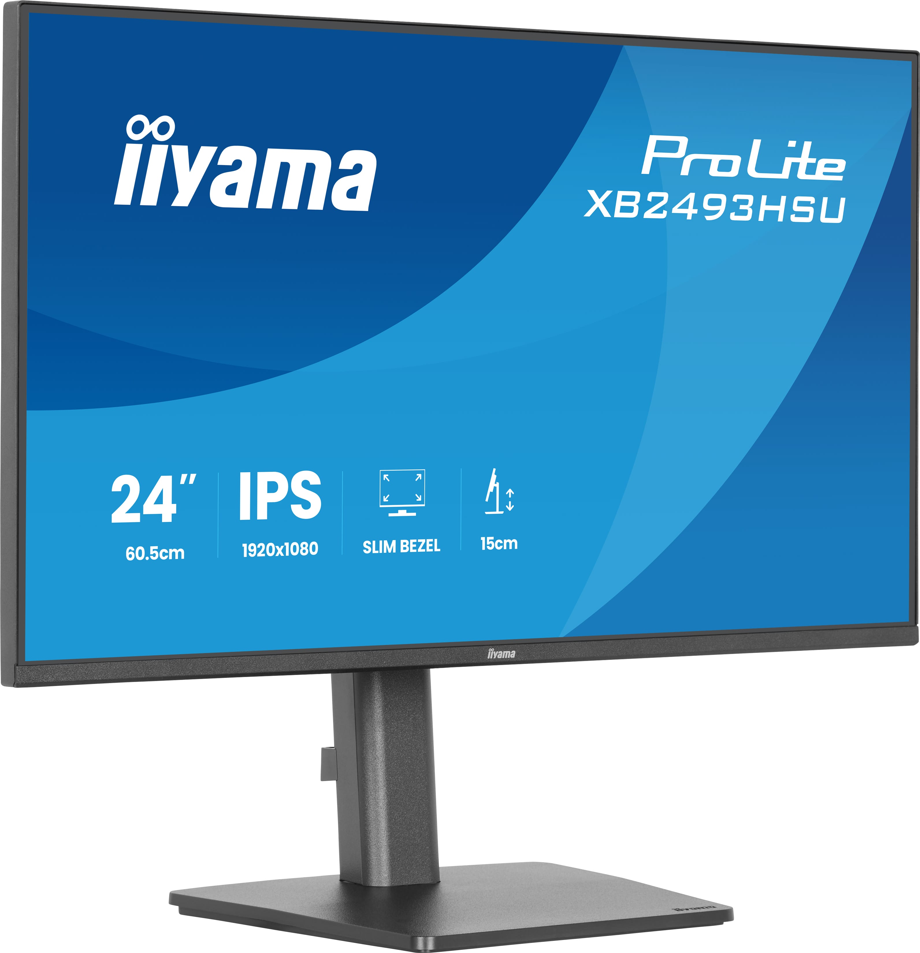 Ein schwarzer iiyama ProLite Monitor mit 24 Zoll IPS-Display und Slim Bezel.