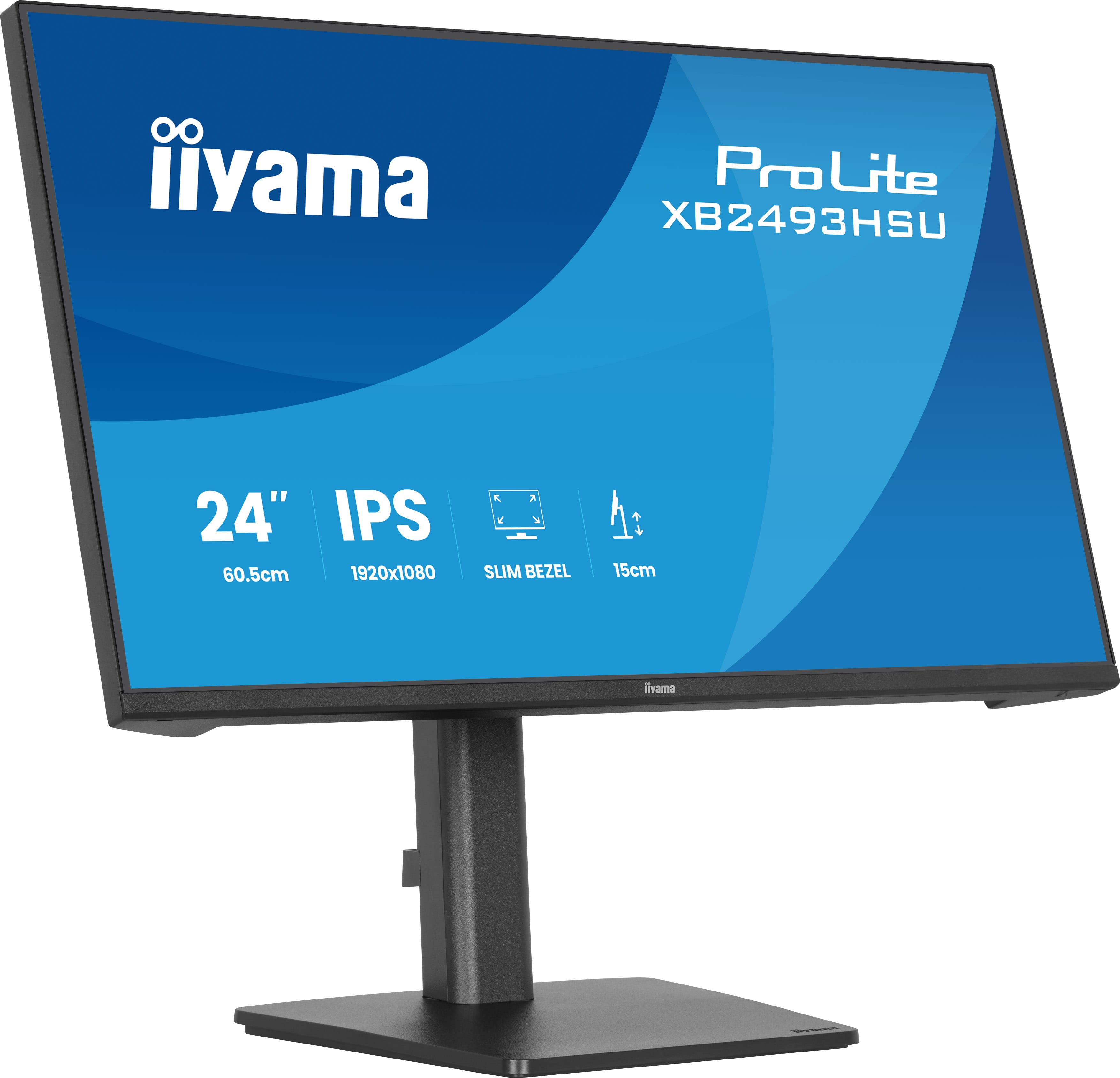 Ein silberner iiyama ProLite Monitor mit 24 Zoll, IPS-Panel und schlankem Rahmen.