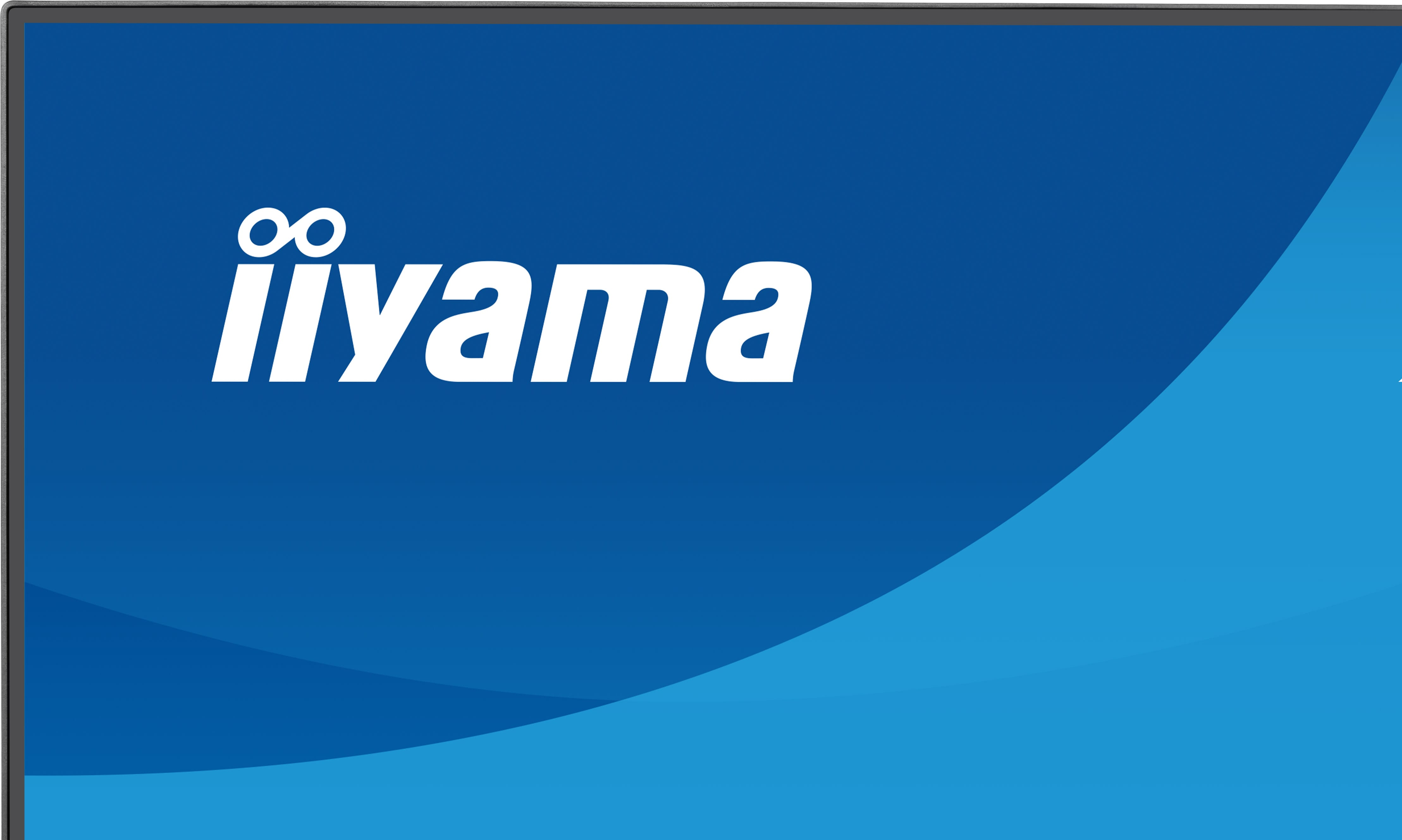 Das Iiyama-Logo auf einem blauen Hintergrund mit einer geschwungenen Linie.