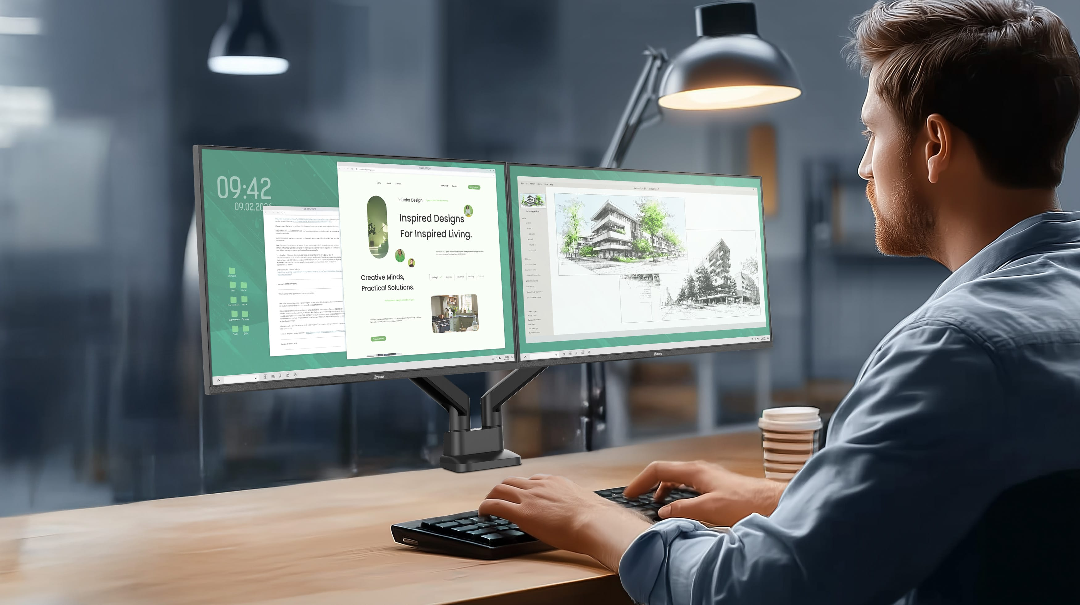 Ein Mann sitzt an einem Schreibtisch und arbeitet an zwei Monitoren, die Architekturzeichnungen zeigen.