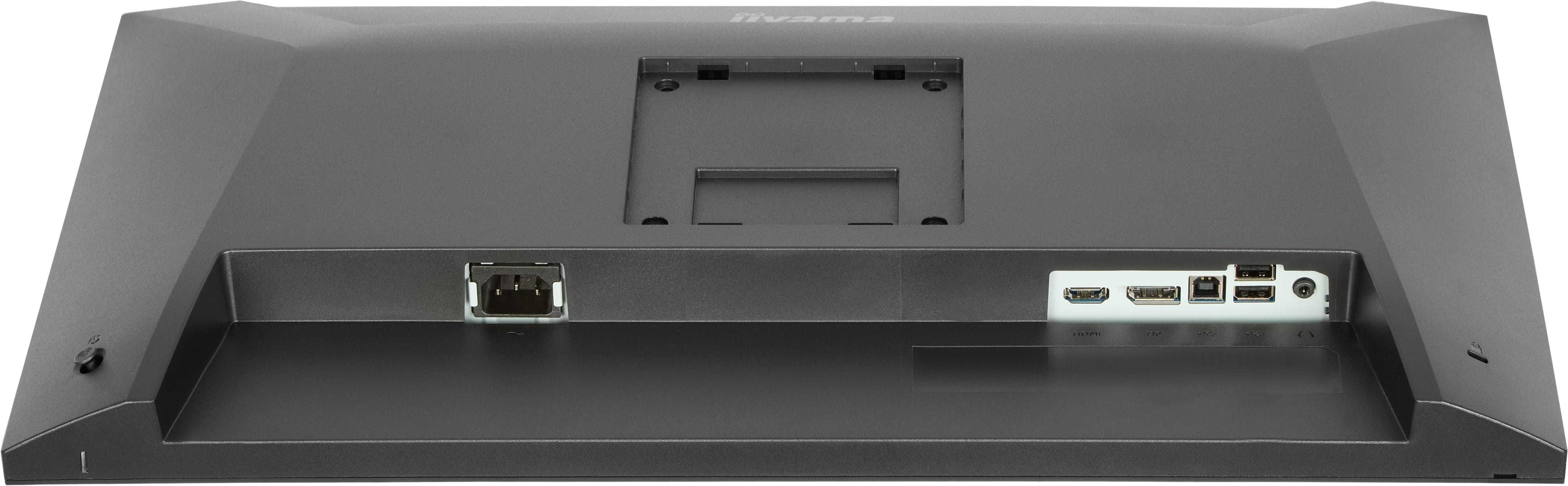 Rückseite eines schwarzen Monitors mit Anschlüssen: Strom, HDMI, USB und Audio.
