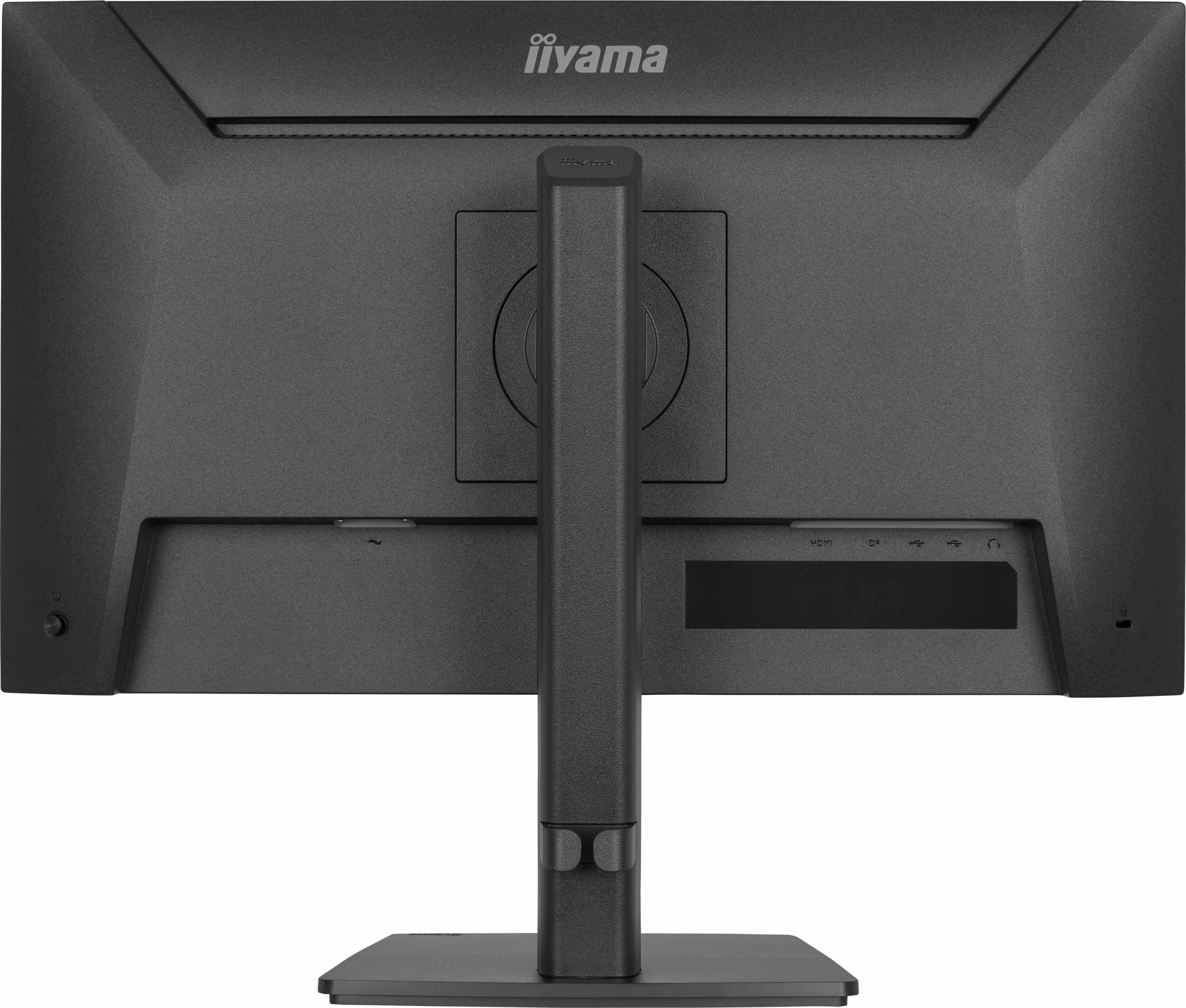 Rückseite eines schwarzen Monitors mit Iiyama-Logo, Ständer und Anschlüssen.
