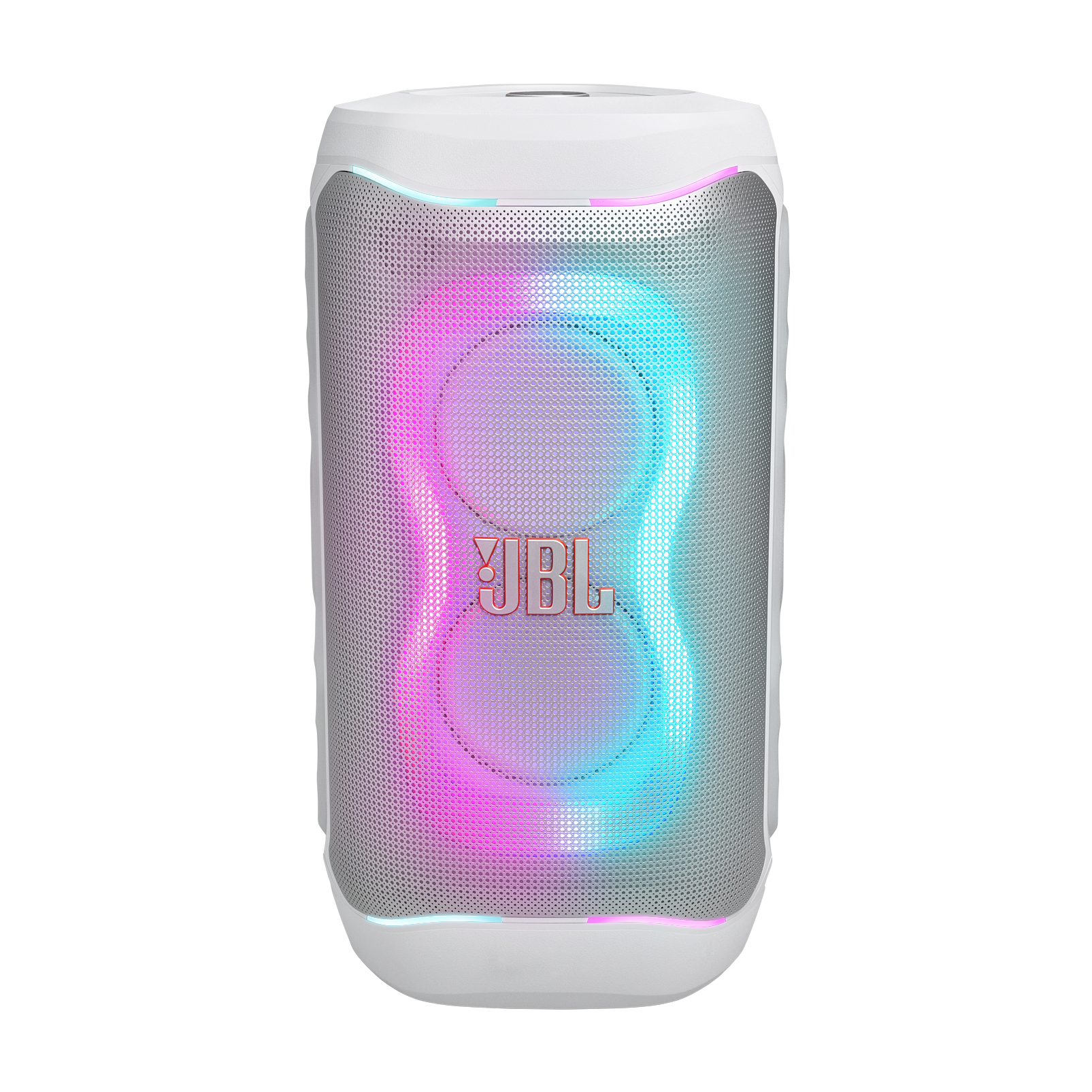 Siyah arka plan üzerinde pembe ve camgöbeği ışıklı beyaz JBL hoparlör.