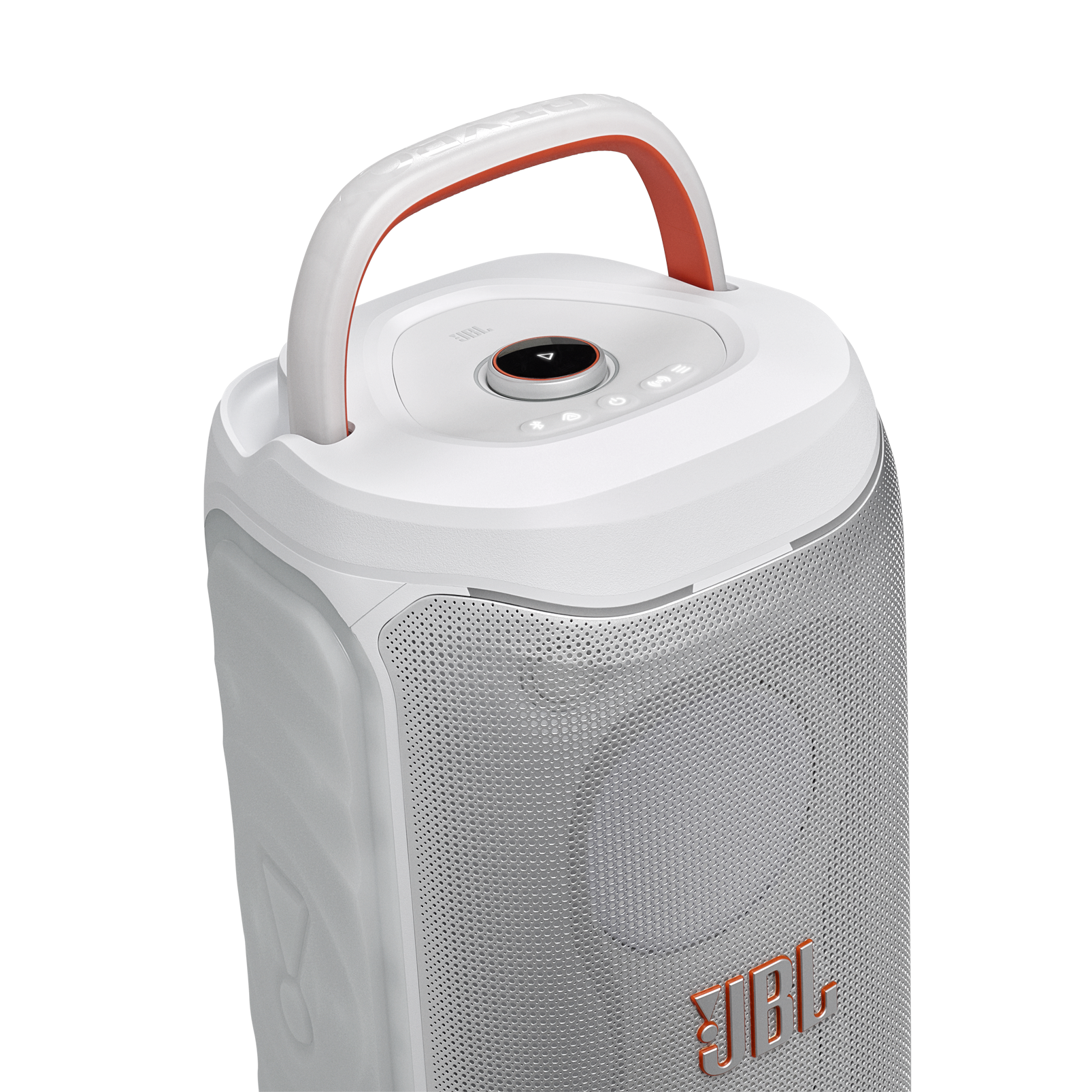 Turuncu tutamaçlı ve gümüş ızgaralı beyaz JBL hoparlör.