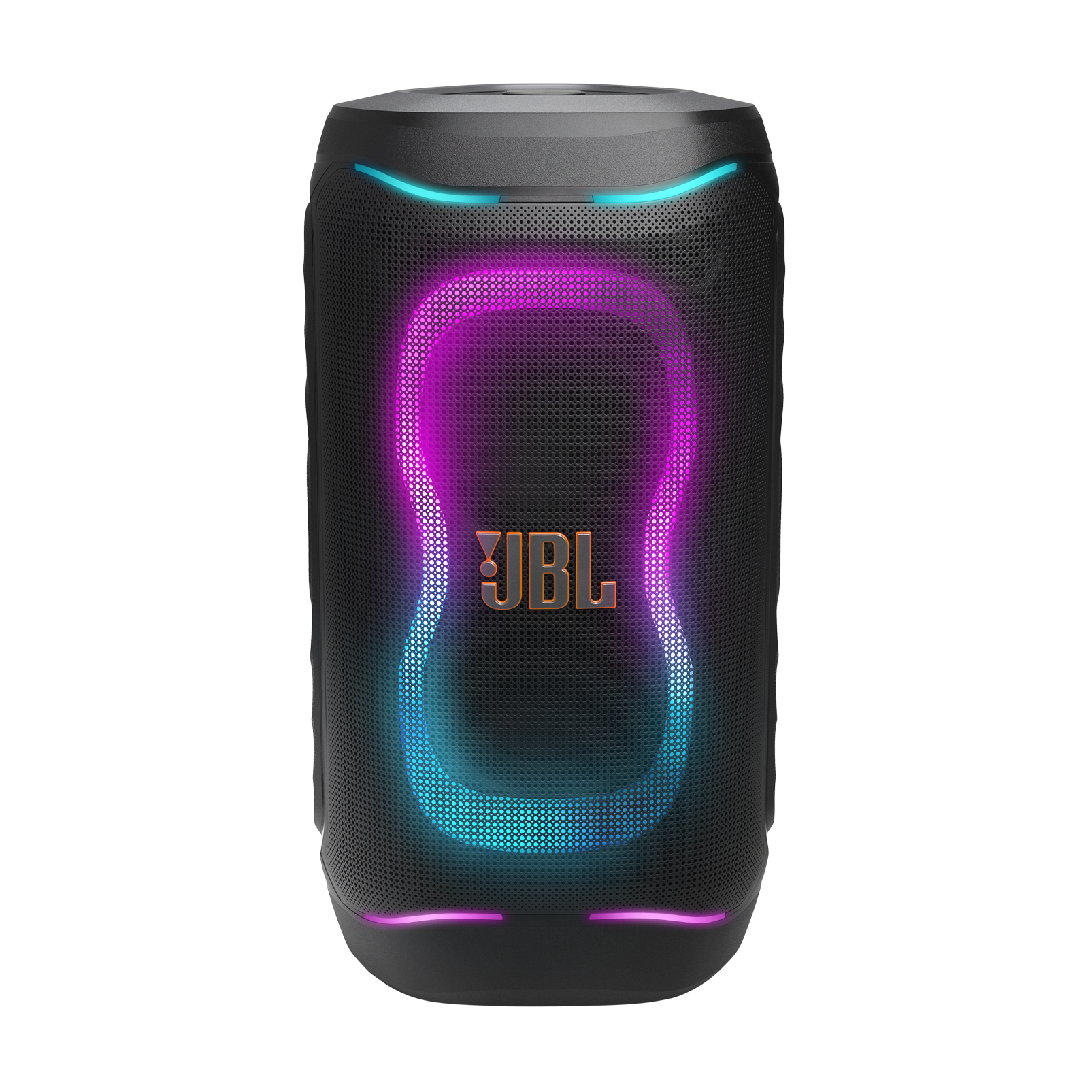Siyah JBL hoparlör, titreşen mavi ve pembe ışıklı.