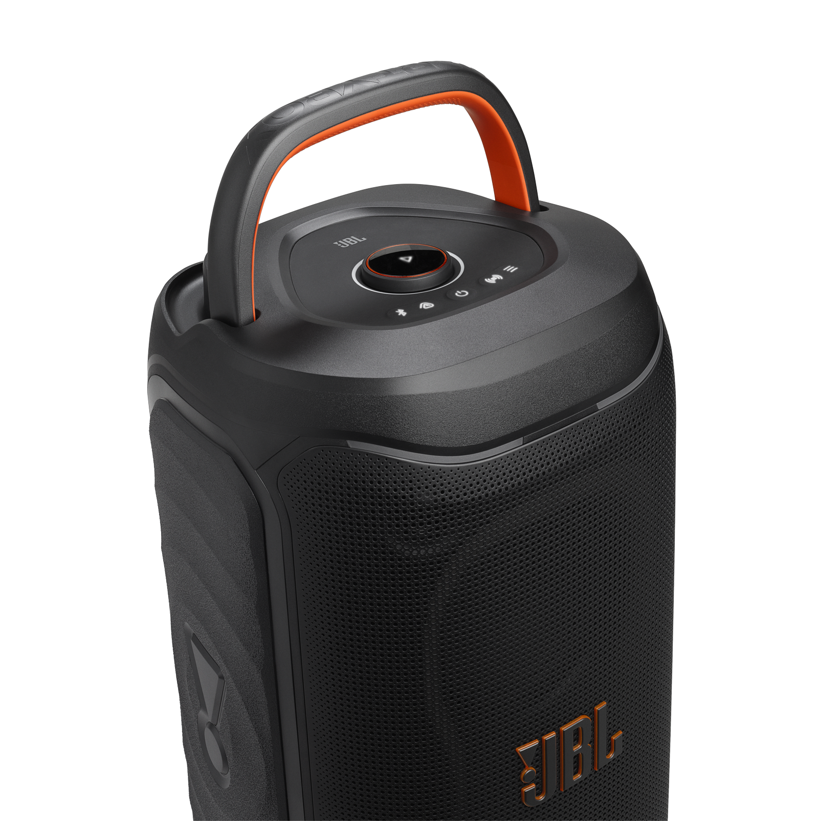 Turuncu tutamaç ve kontrol düğmeli siyah JBL hoparlör.