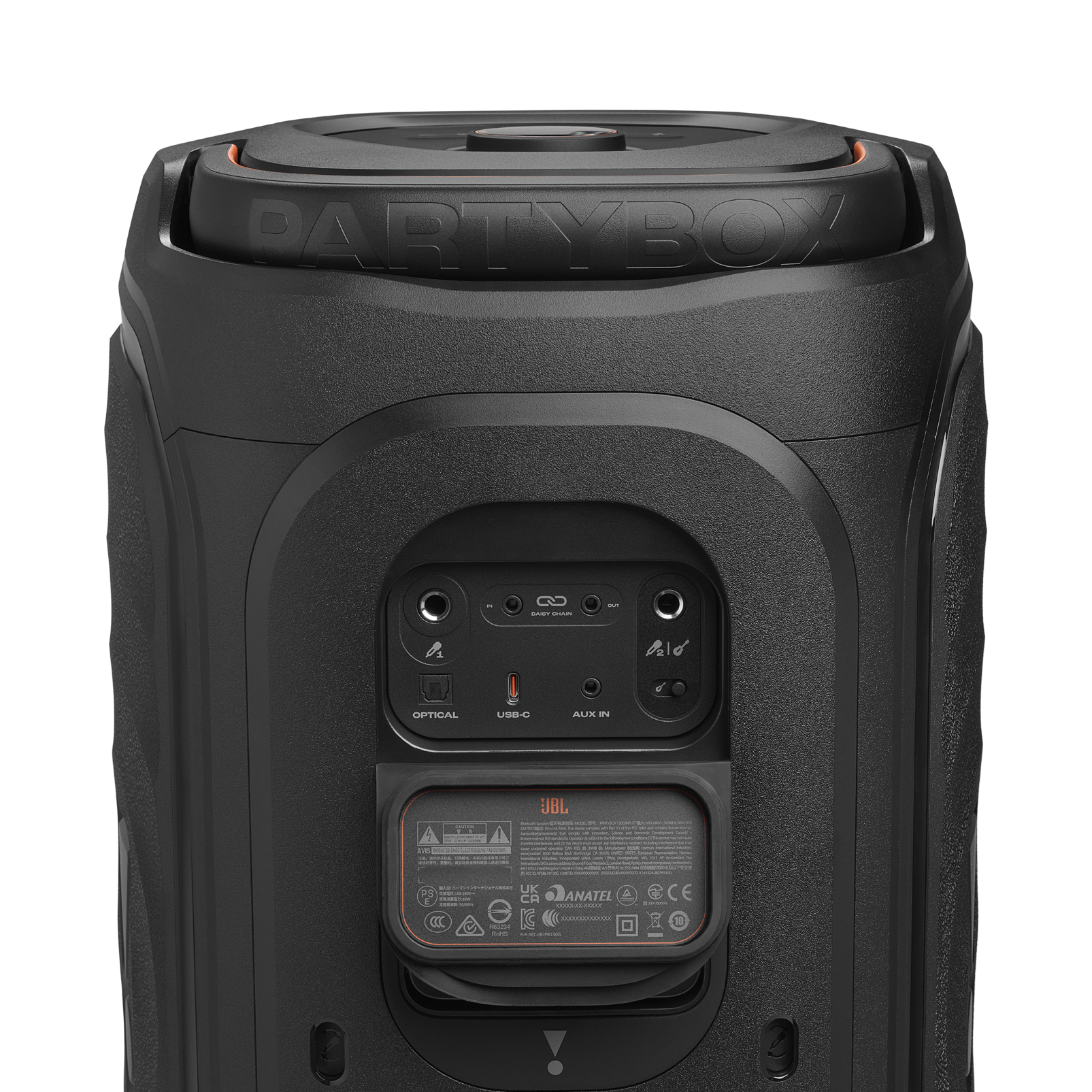 Çeşitli bağlantı noktaları ve etiketleri gösteren siyah JBL Partybox hoparlör arkası.