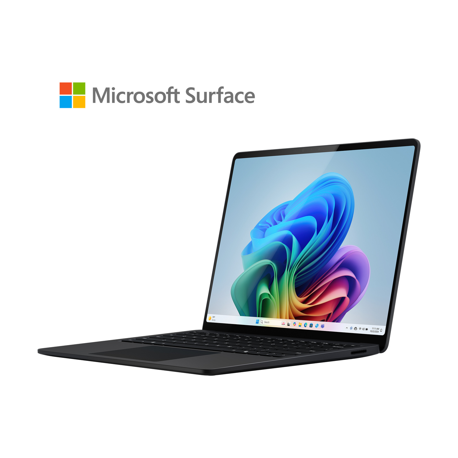 Un laptop Microsoft Surface nero con uno sfondo astratto colorato sullo schermo.
