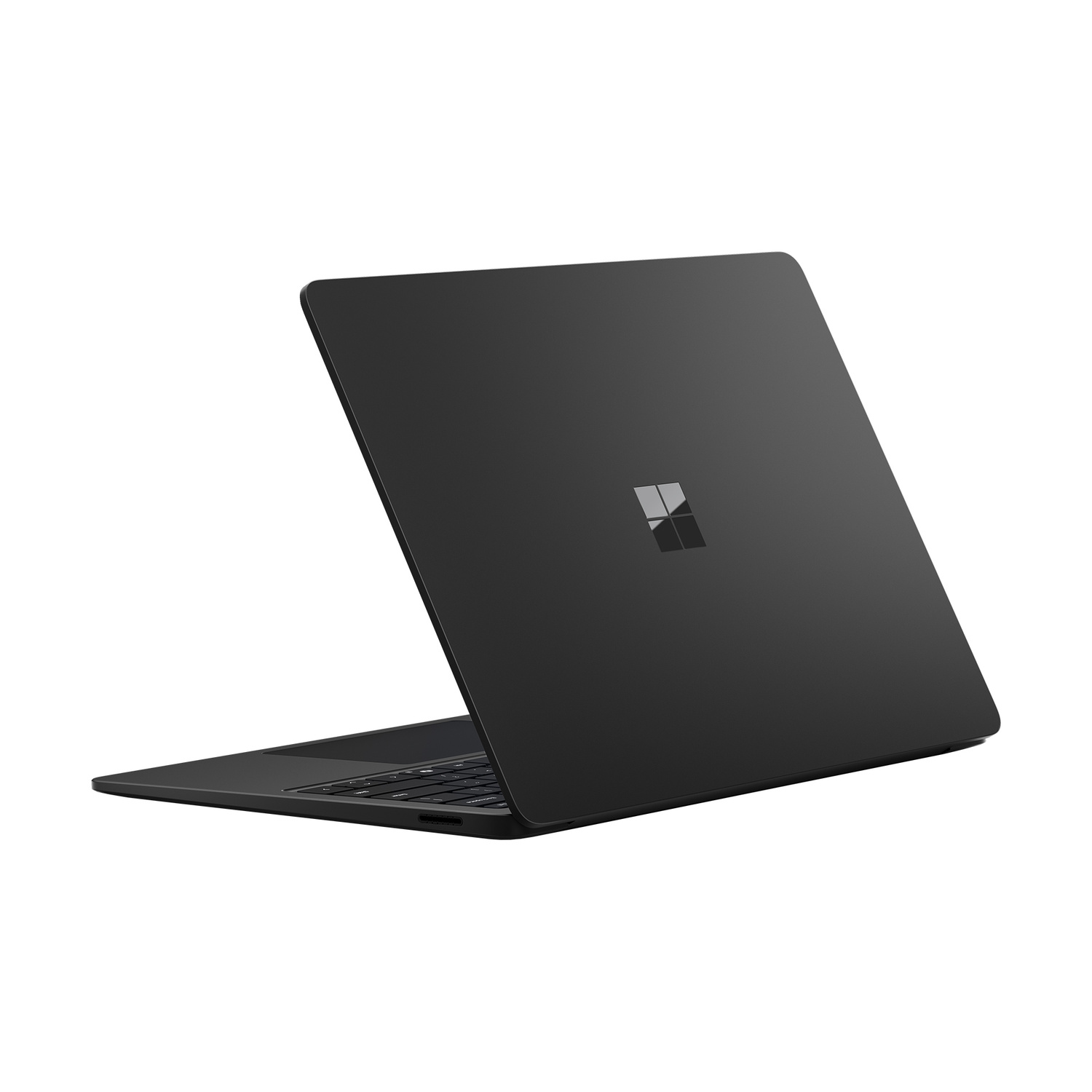 Un laptop nero con logo Microsoft sul coperchio, su sfondo bianco.