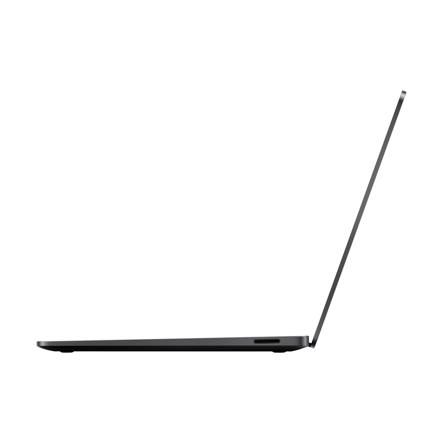 Vista laterale di un elegante laptop grigio scuro con schermo leggermente aperto su sfondo bianco.