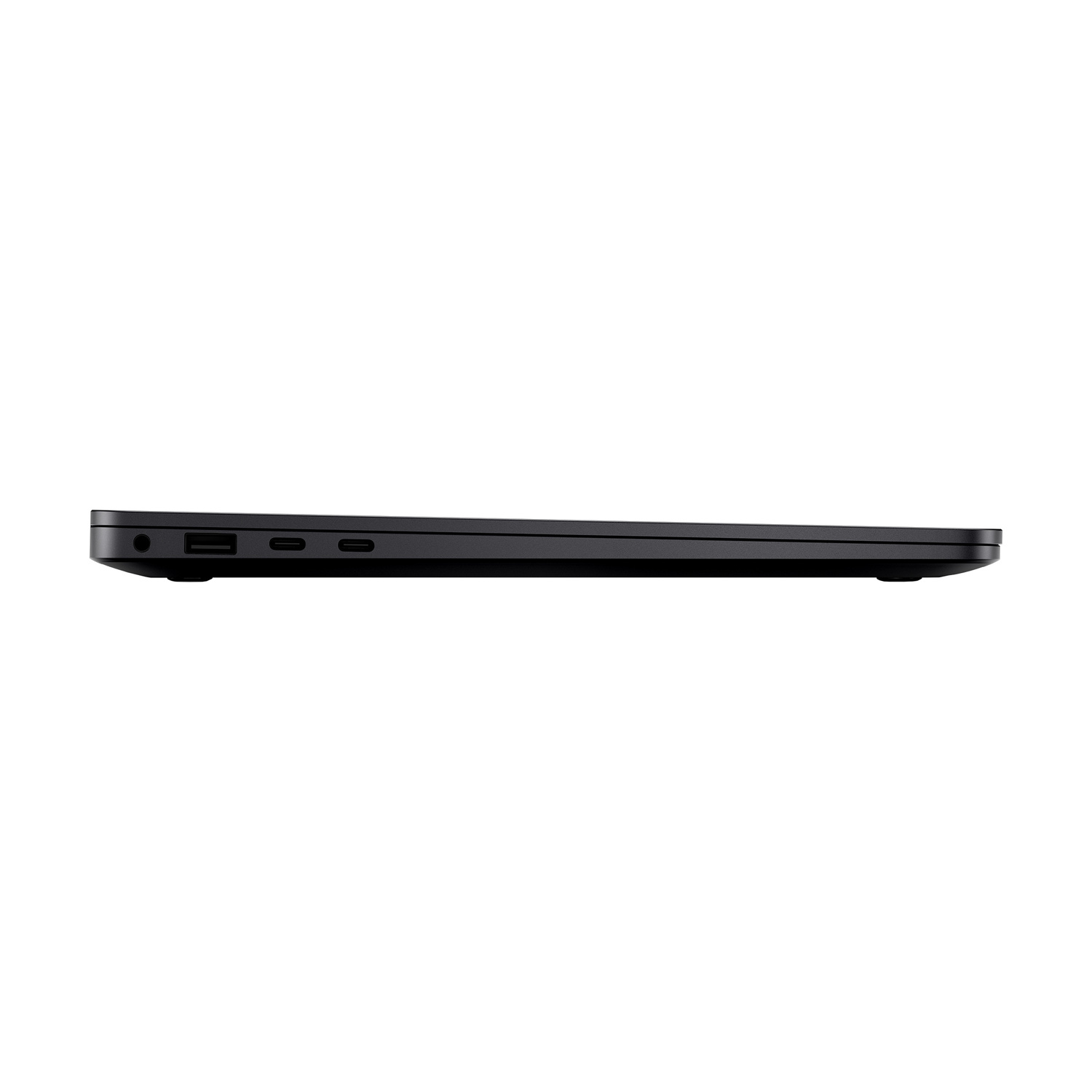 Laptop nero di lato, con porte: cuffie, USB, due USB-C.