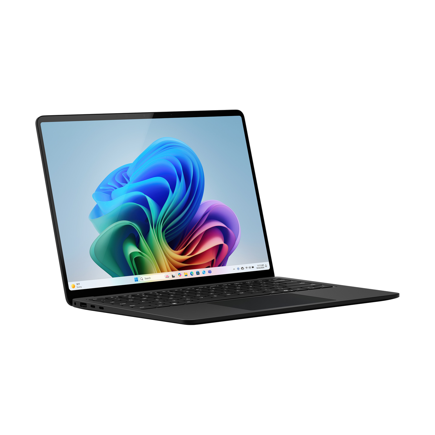 Un laptop nero con lo schermo aperto, che mostra uno sfondo colorato.