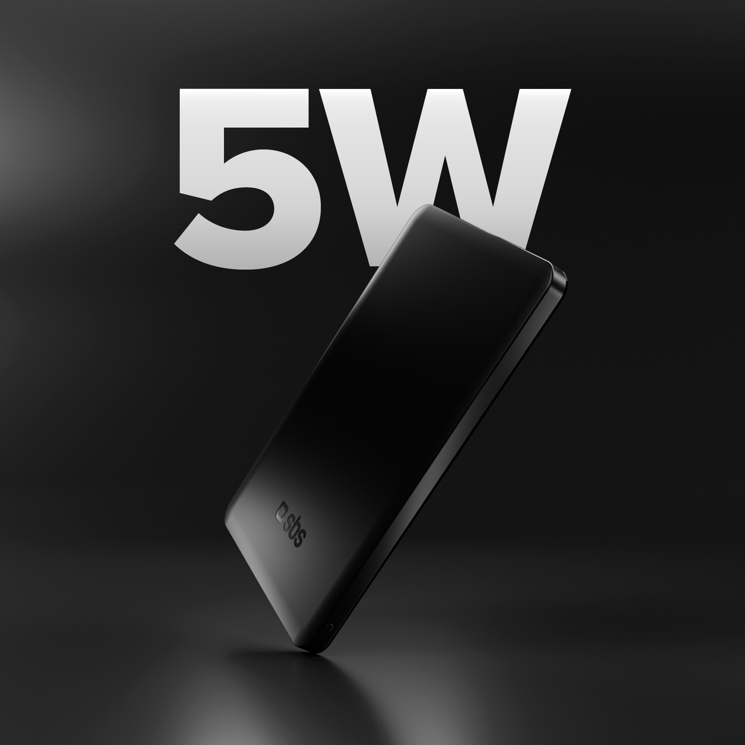Smartphone nero con scritta 5W su sfondo scuro.