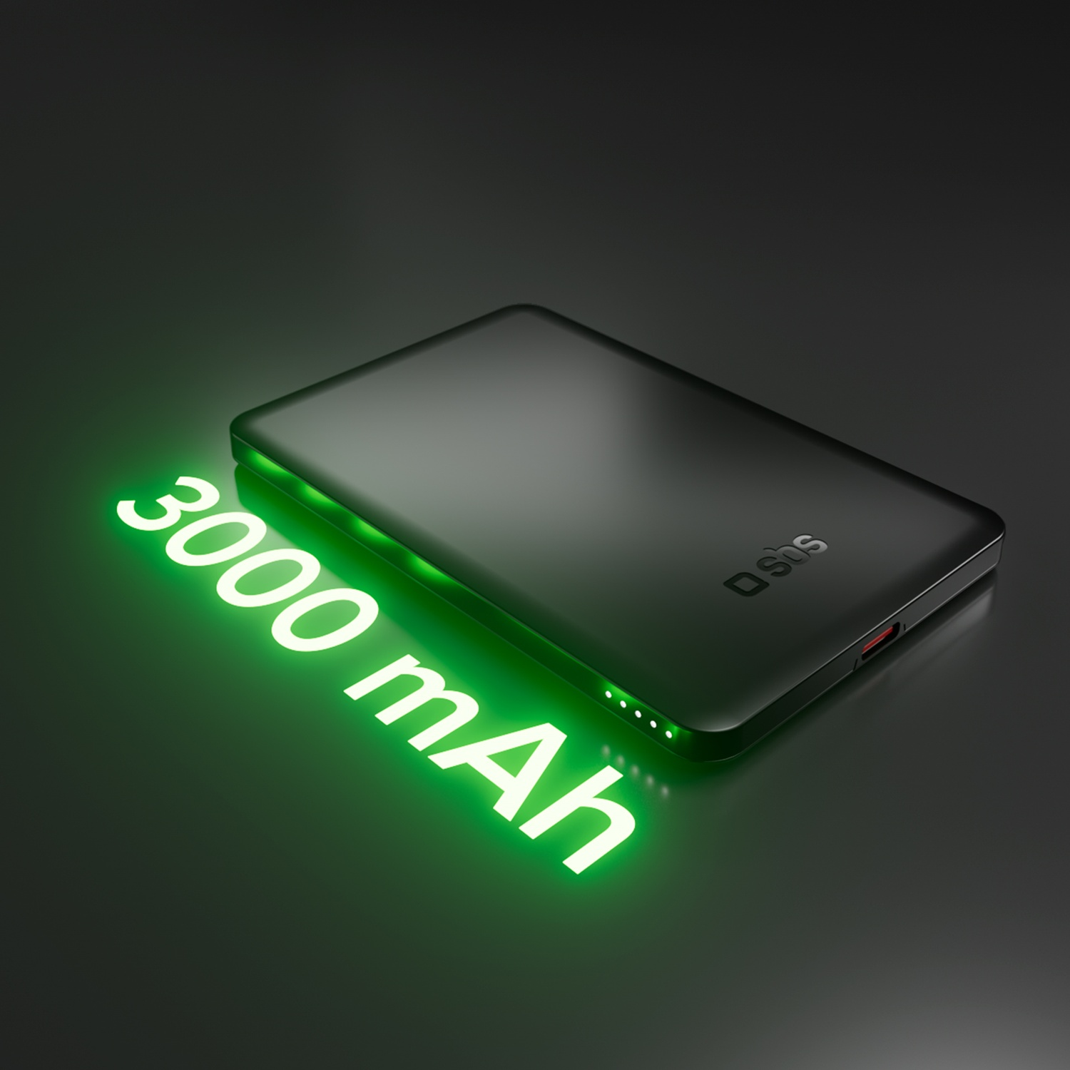 Power bank nero con testo "3000 mAh" luminoso e indicatori di carica.