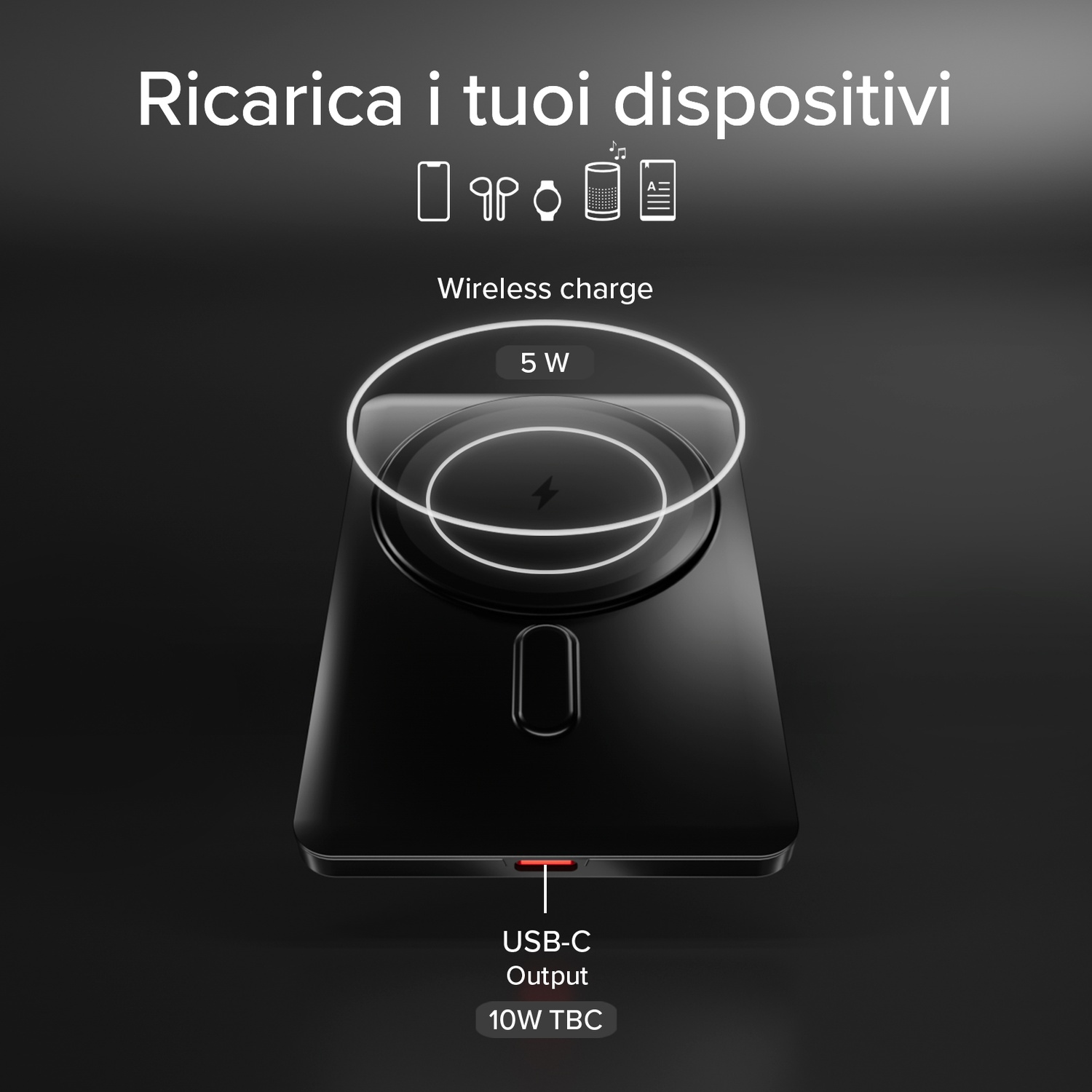 Caricatore wireless nero 5W, uscita USB-C. Carica dispositivi come telefoni, auricolari, orologi.