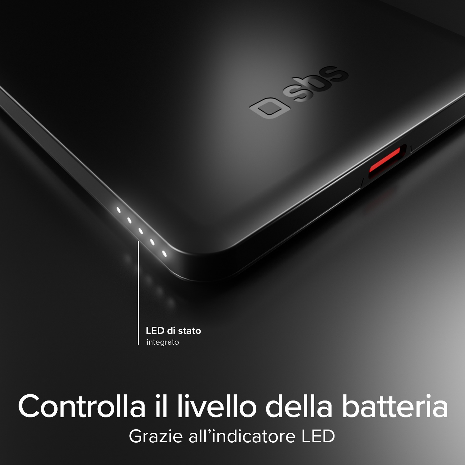 Dispositivo nero con logo e LED illuminati che indicano il livello della batteria.