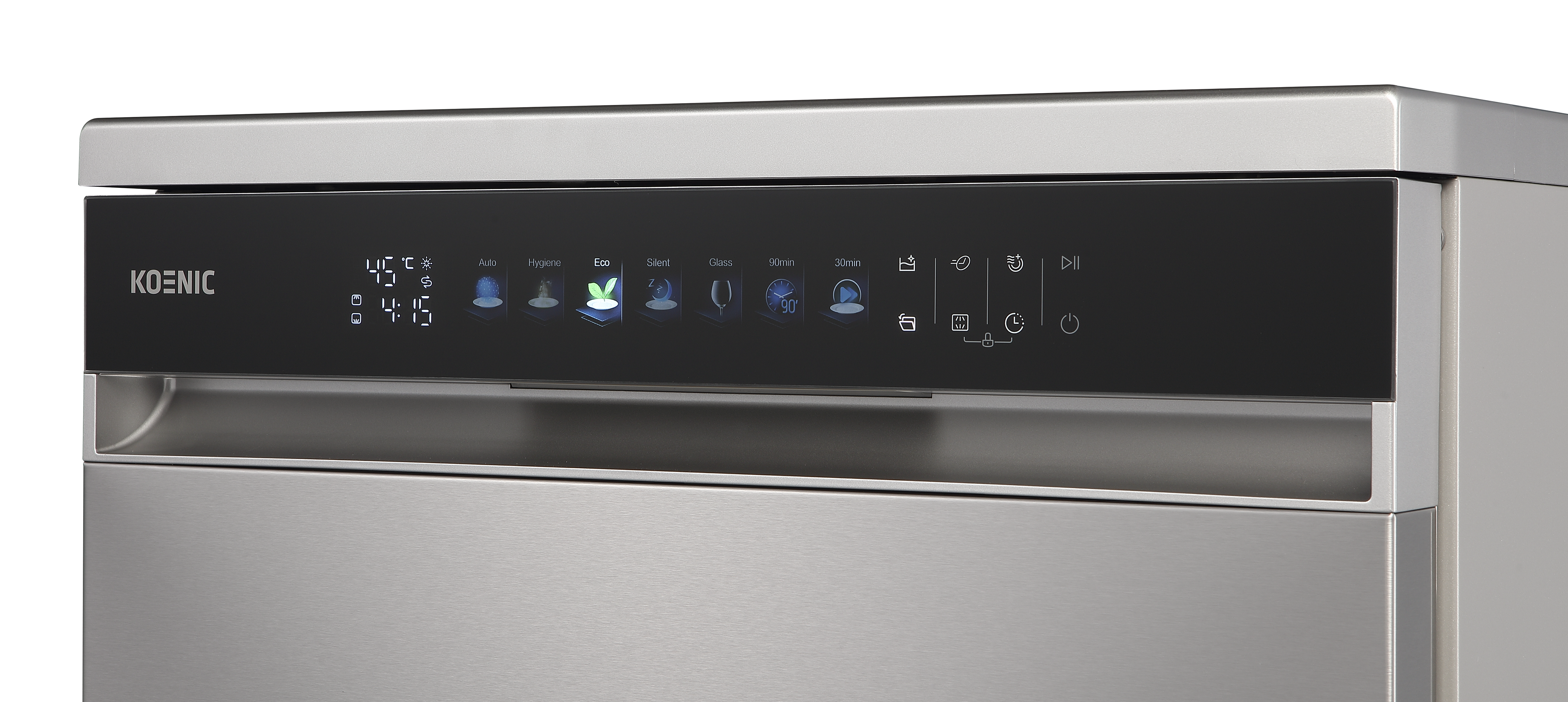 Edelstahl-Geschirrspüler-Bedienfeld mit digitalen Symbolen und Zeitangaben.