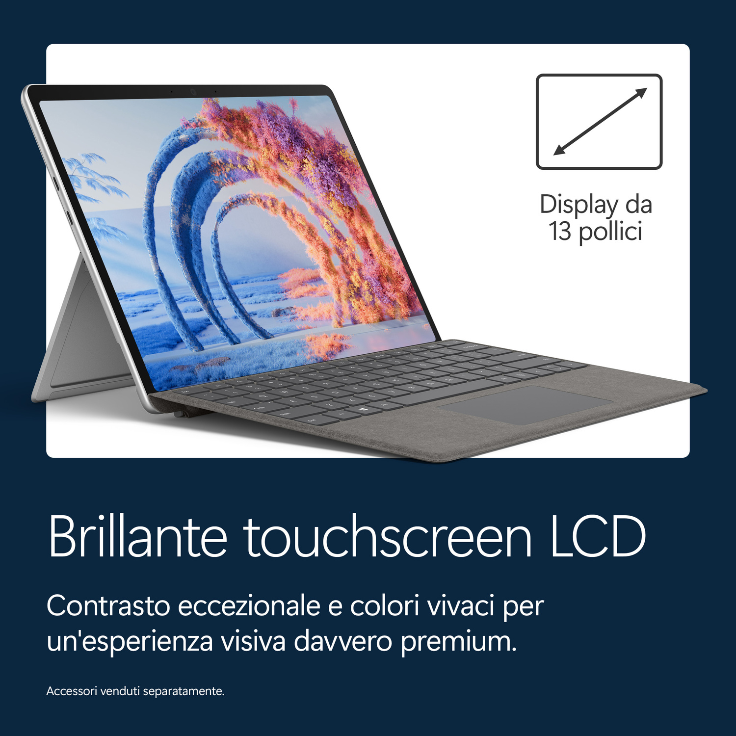 Un laptop con touchscreen LCD da 13 pollici e sfondo vivido.